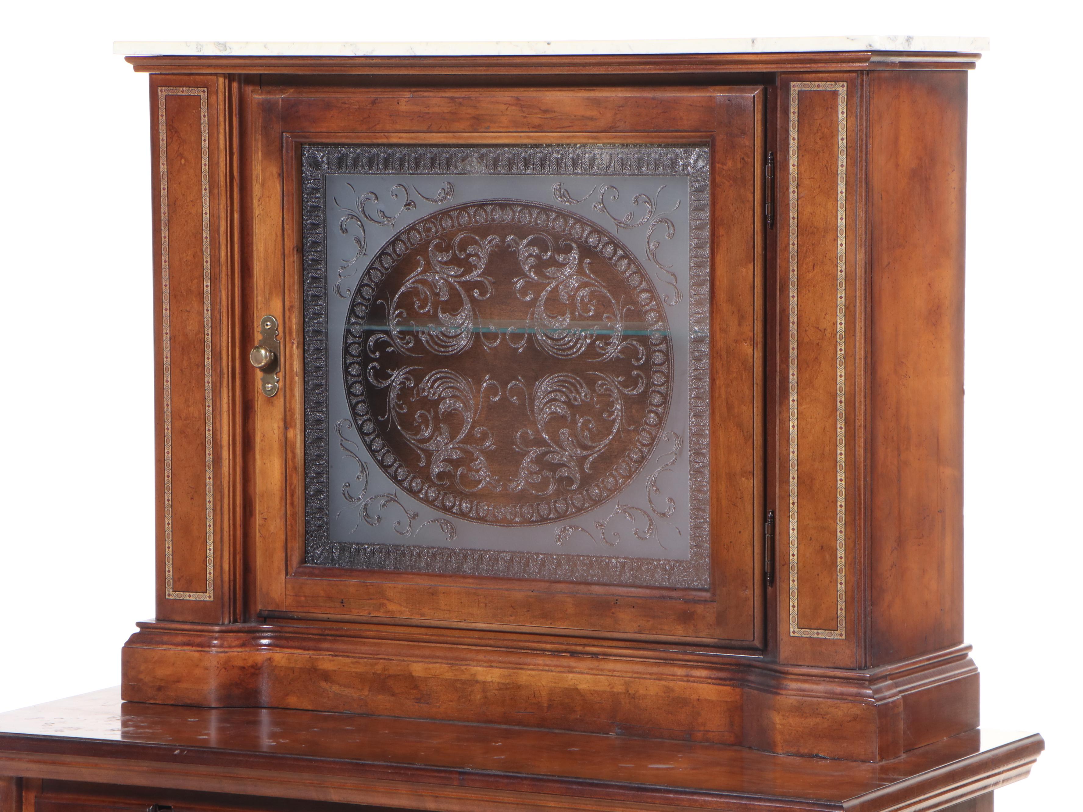 Victorian Style Two-Piece Apothecary Cabinet with Etched Glass and Faux Marble