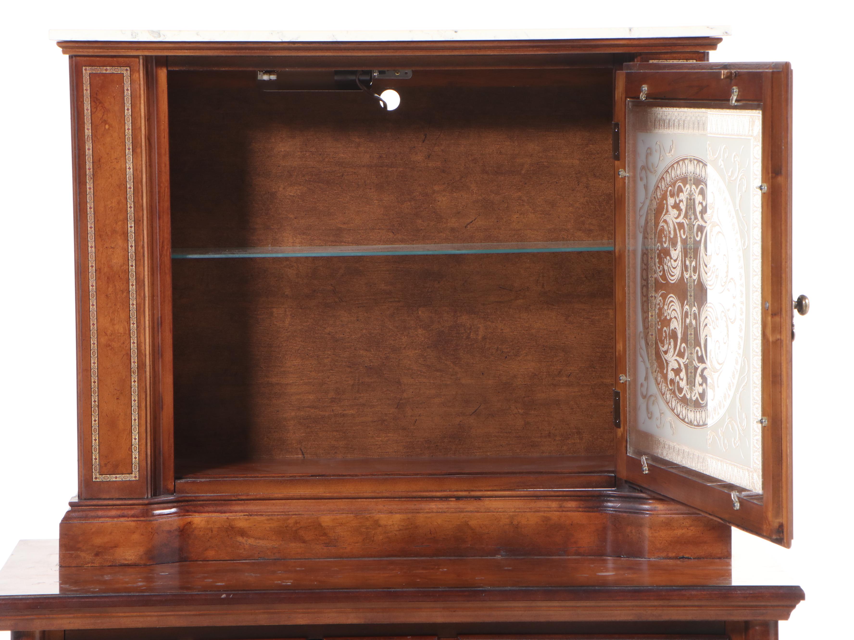 Victorian Style Two-Piece Apothecary Cabinet with Etched Glass and Faux Marble