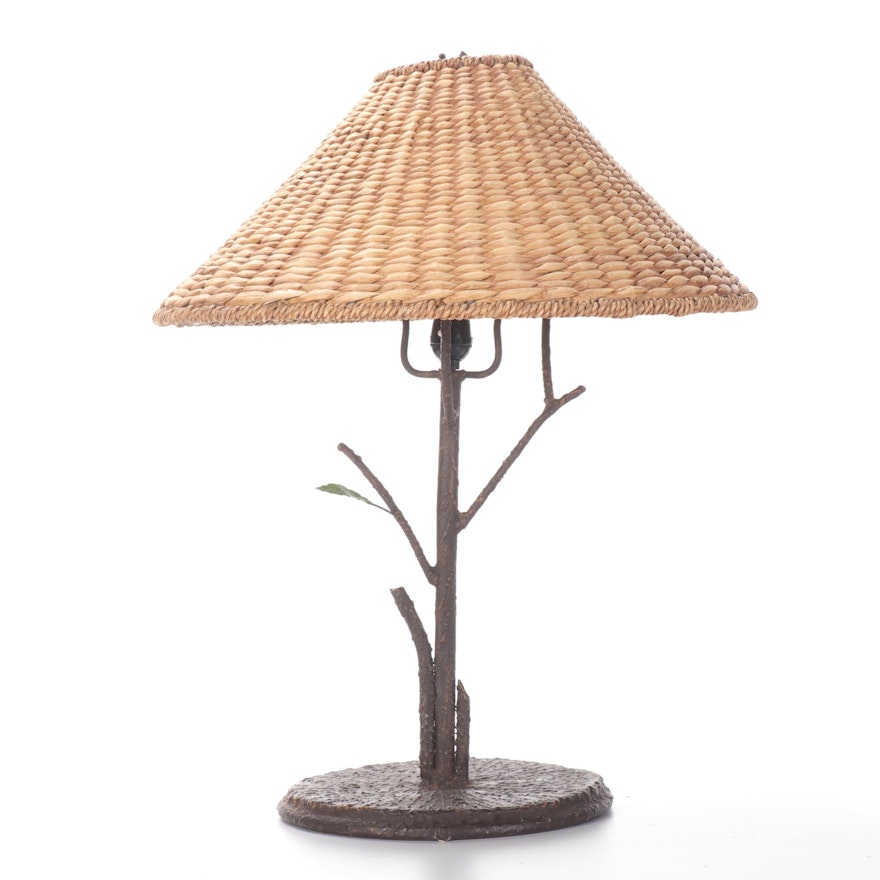 Cast Metal Faux Bois Table Lamp with Seagrass Shade