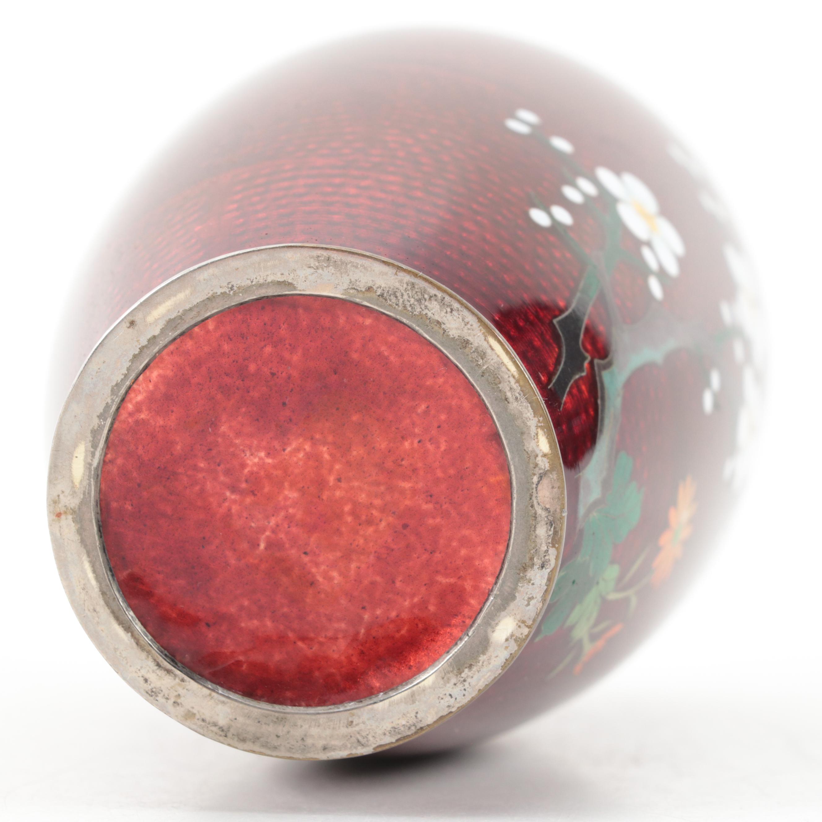 Japanese Ginbari Cloisonné Vase with Other Red Acrylic Resin Budai Figures