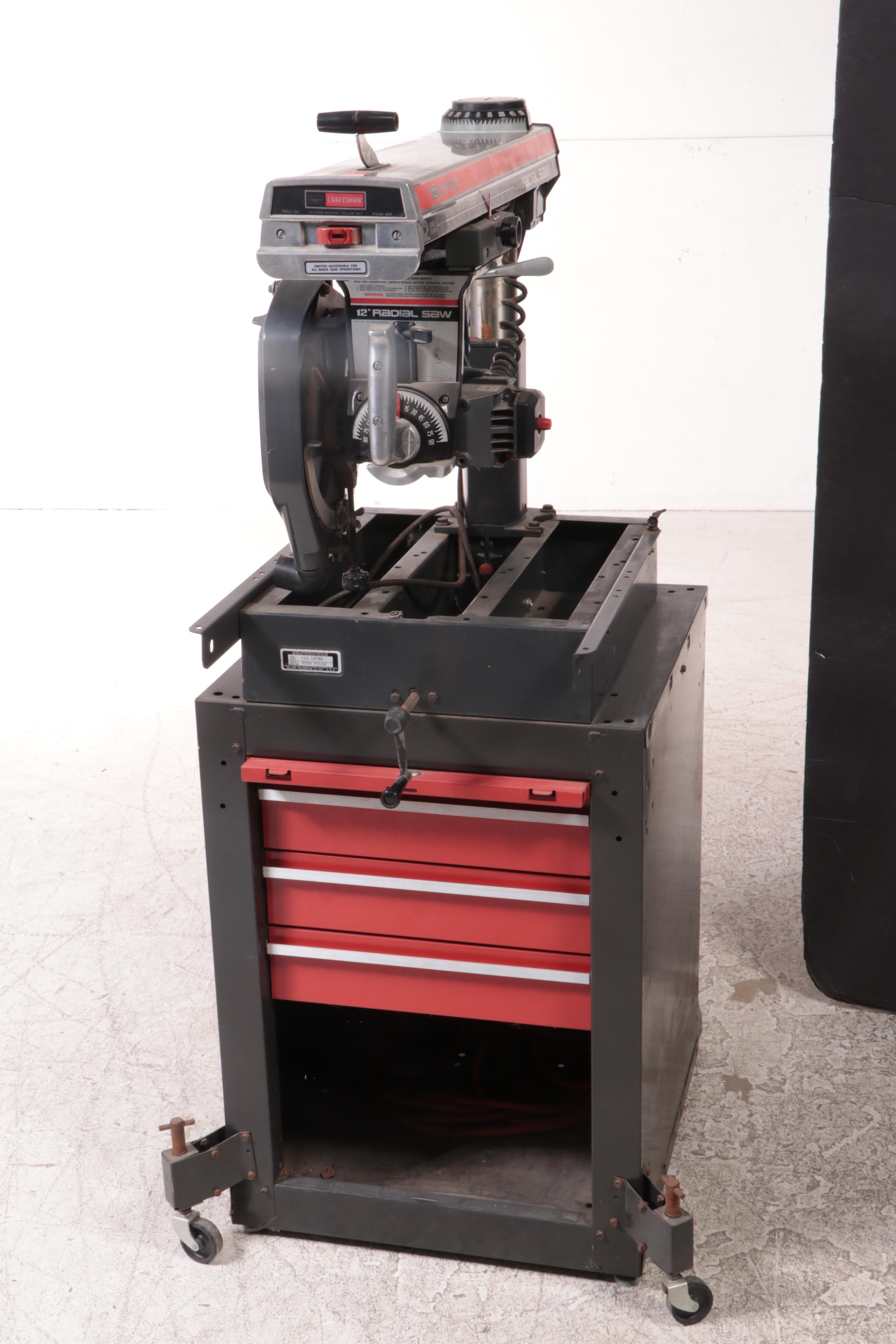 Craftsman 12" Radial Saw on Rolling Bench With Storage Drawers