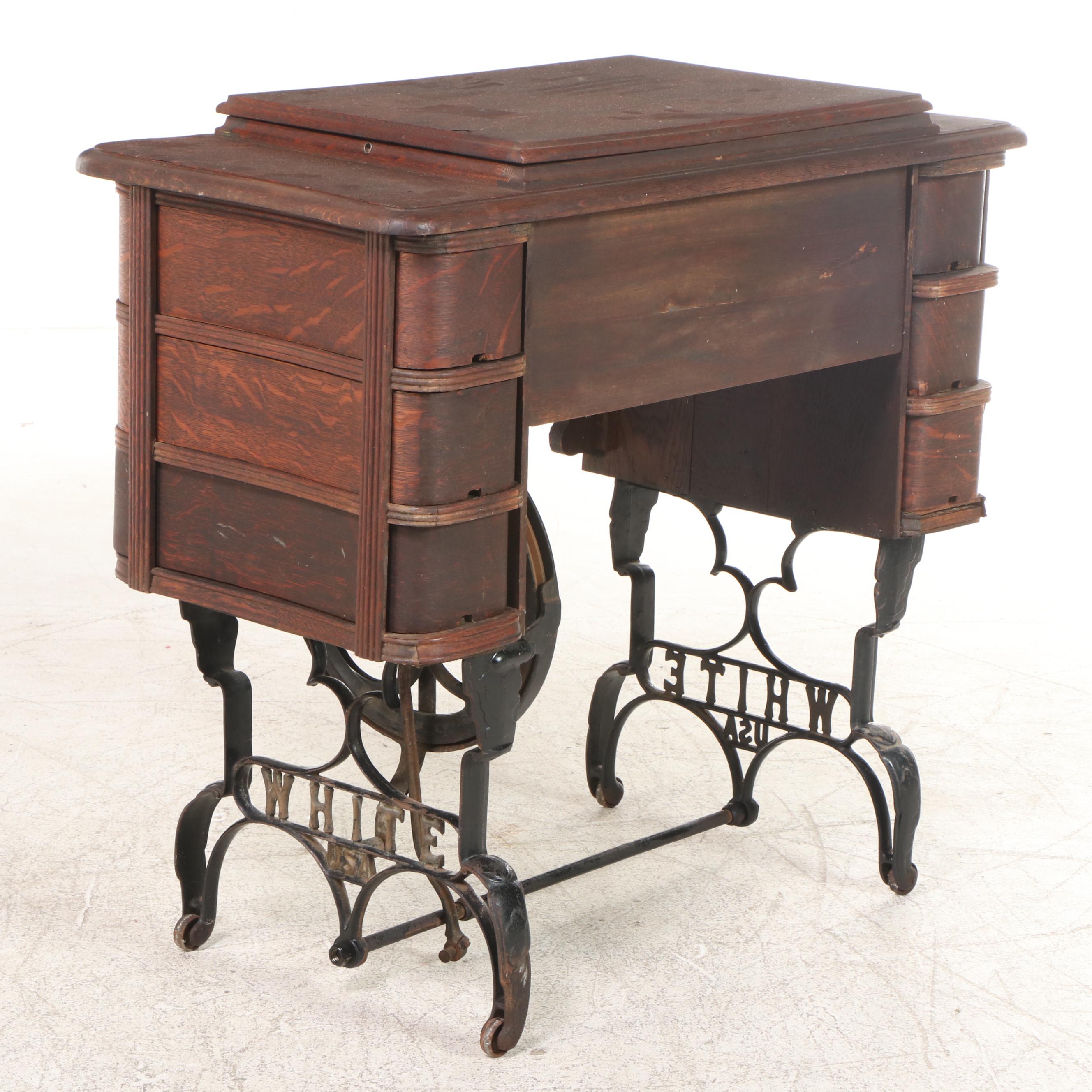 White "Family Rotary" Sewing Machine in Iron and Oak Cabinet, Early 20th Century