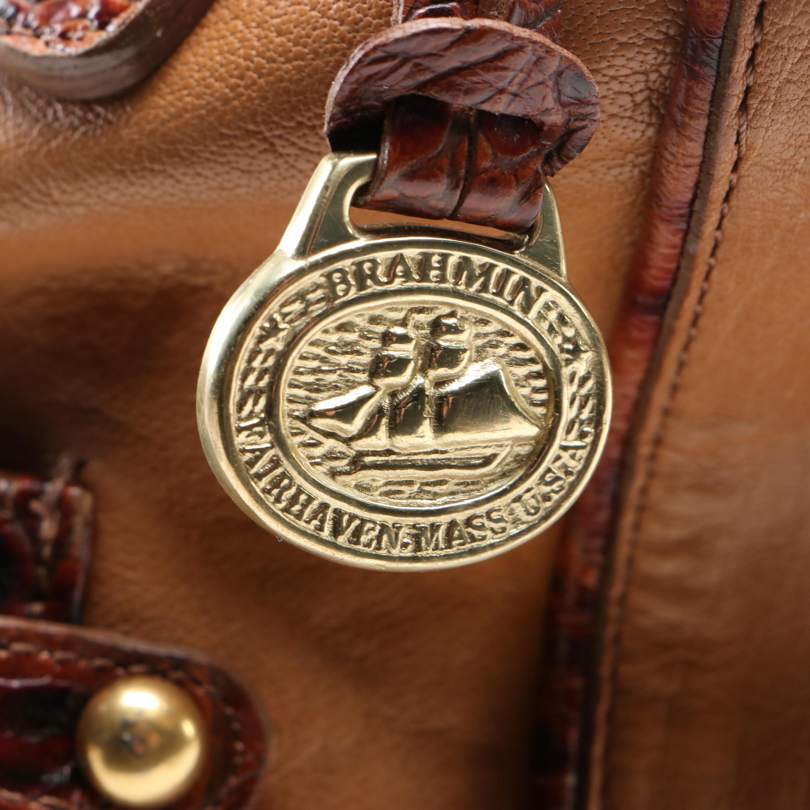 Brahmin Shoulder Tote in Tan and Croc-Effect Leather