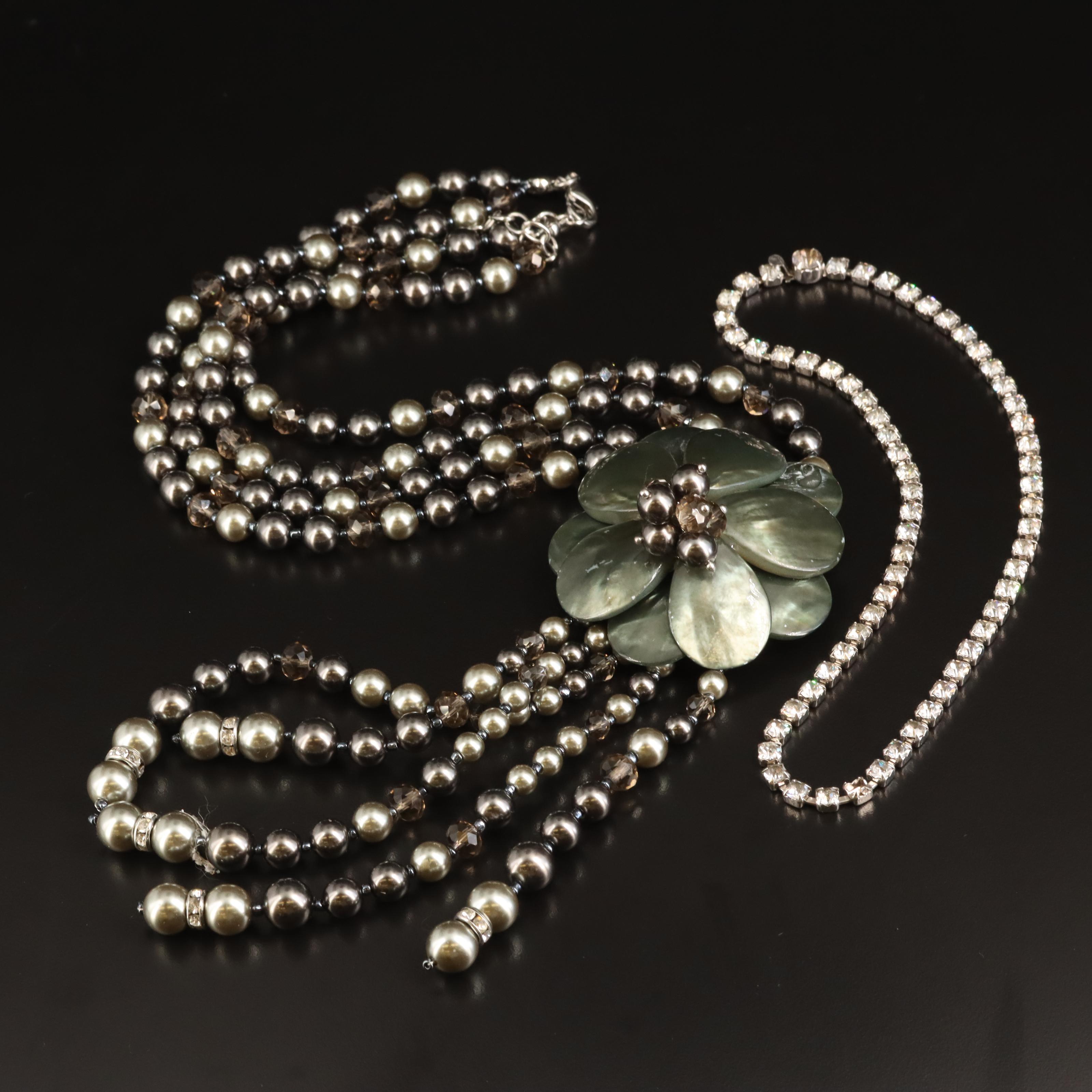 Joan Rivers Flower Tassel Necklace with Rhinestone Line Necklace