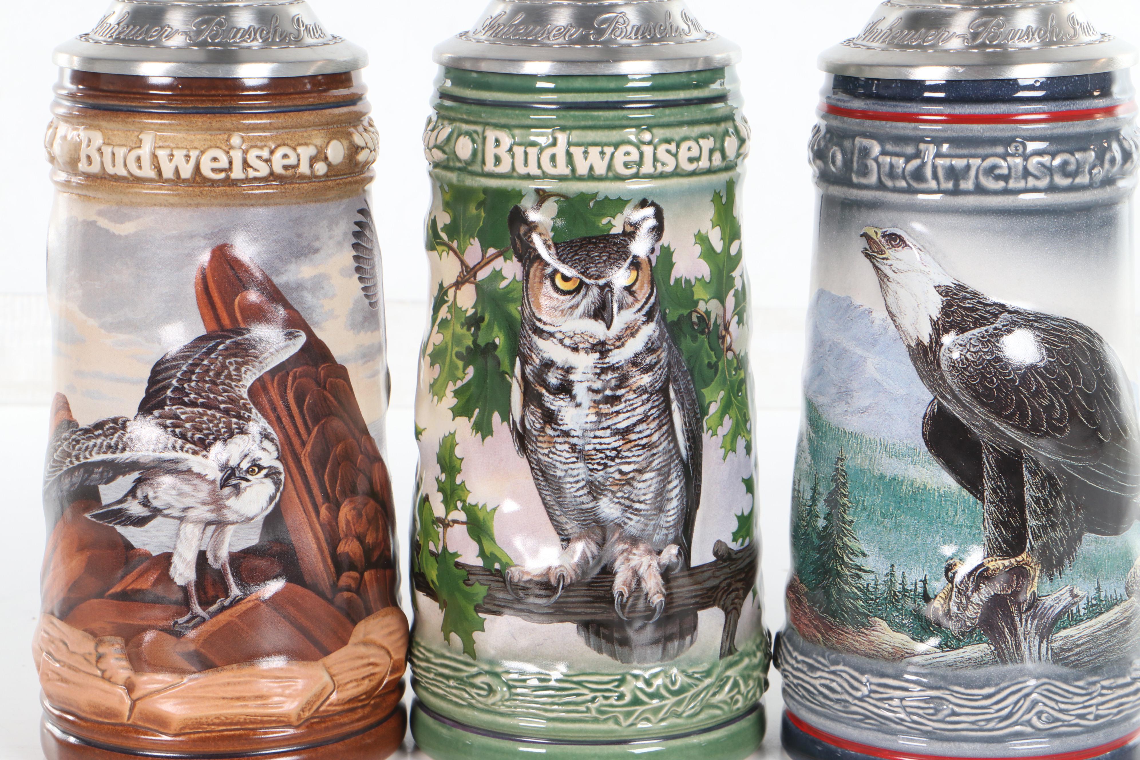 Budweiser Ceramic "Birds of Prey" Beer Steins, 1990s