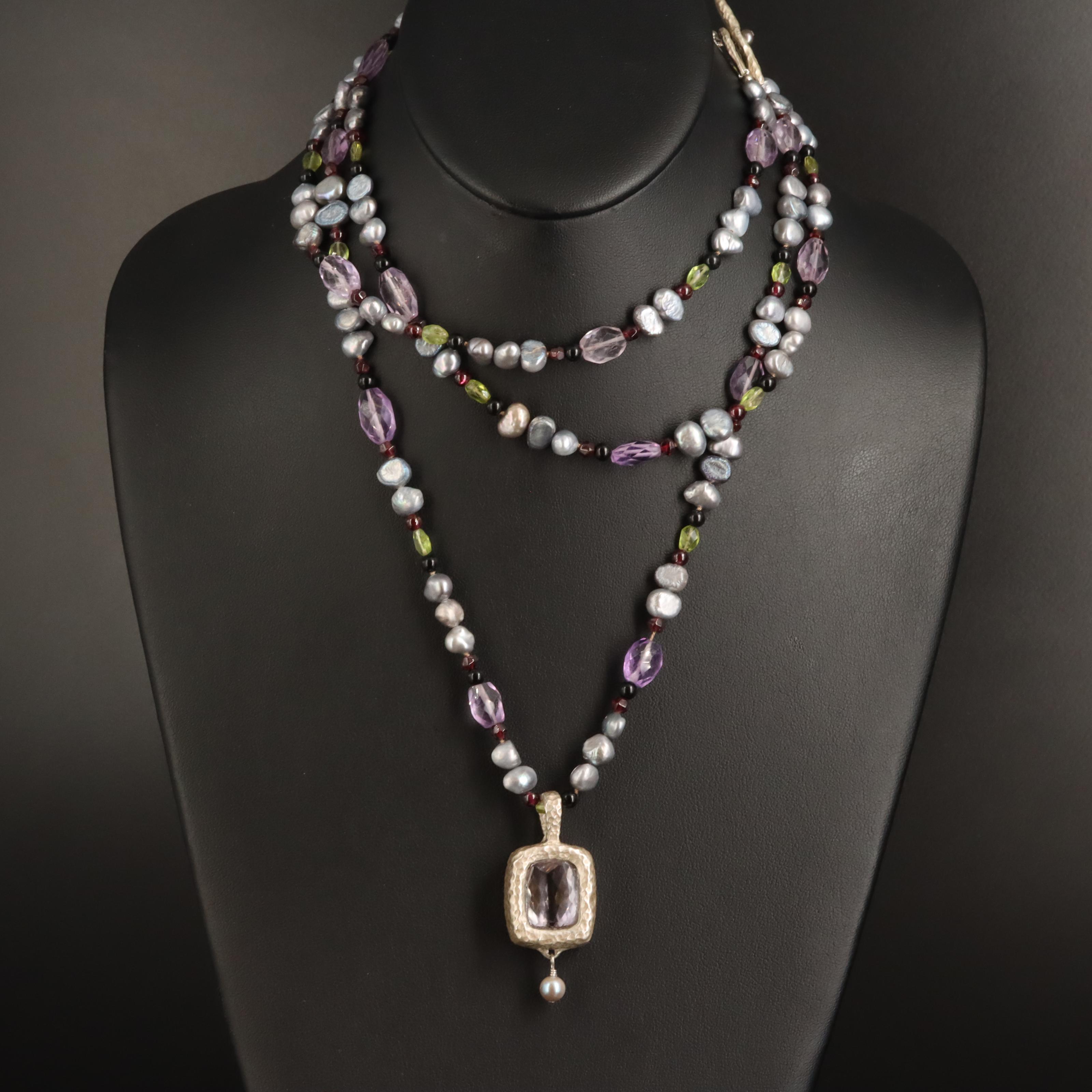 Sterling Necklace with Amethyst, Garnet and Pearl