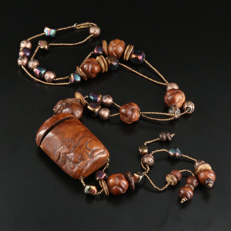 Sunya Currie Bead Necklace with Carved Japanese Inro Box