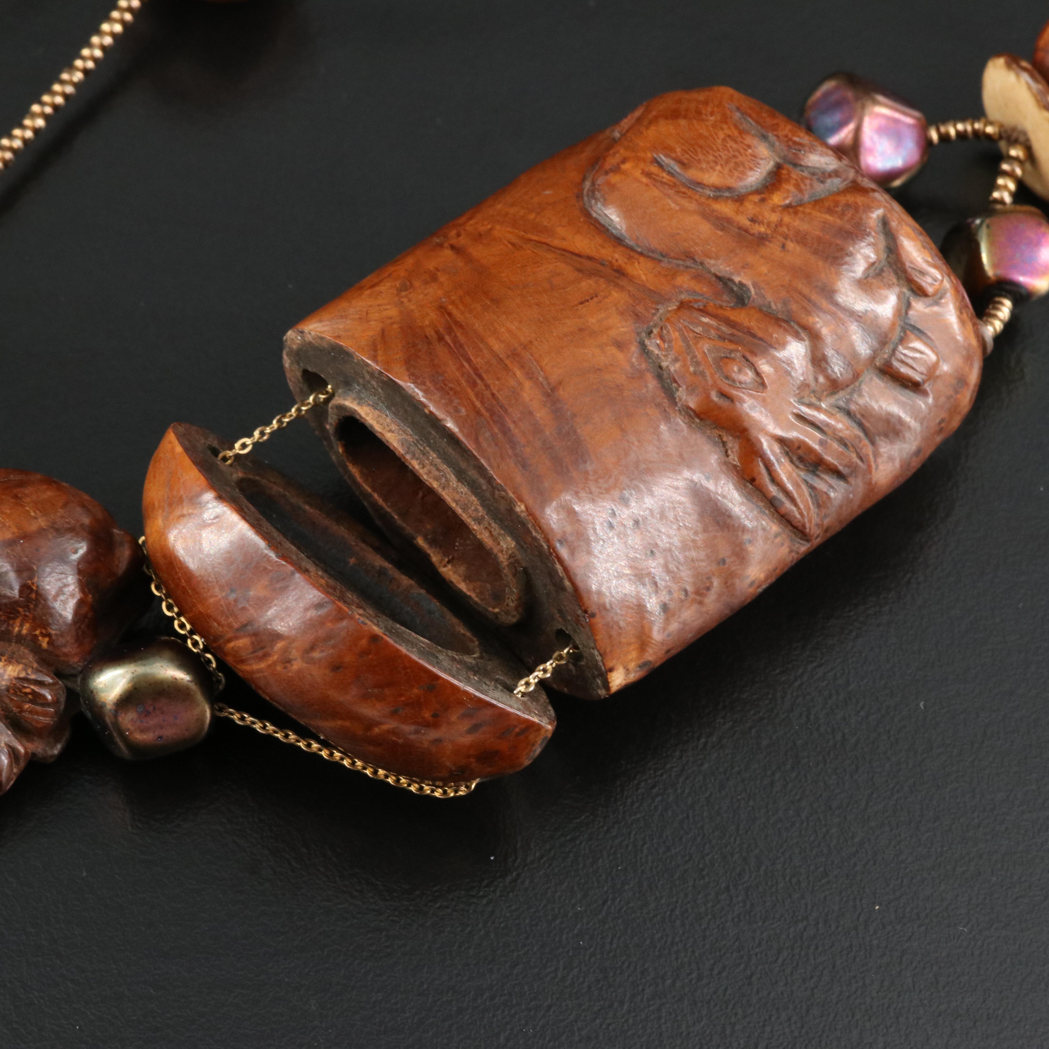 Sunya Currie Bead Necklace with Carved Japanese Inro Box