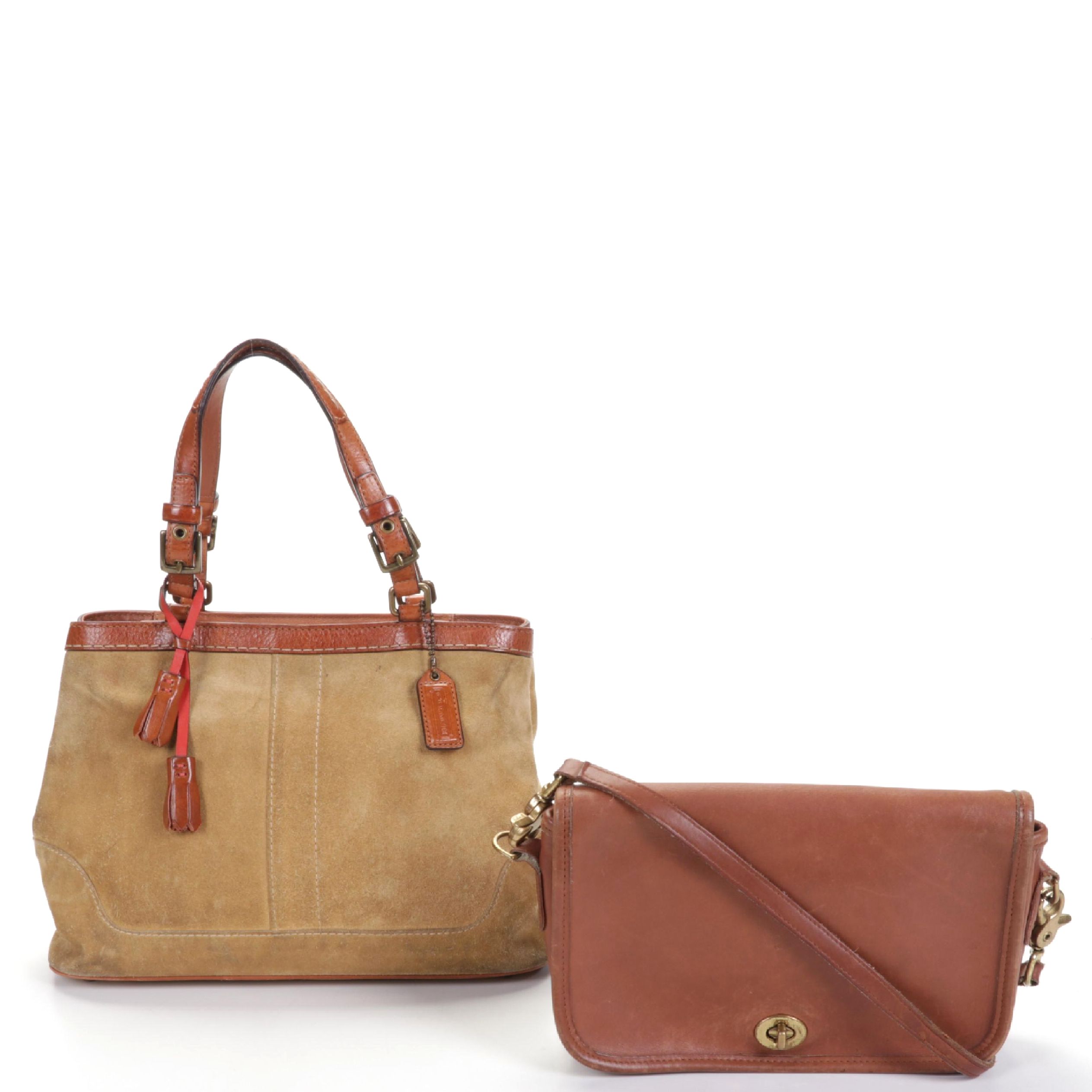 Coach Hampton Suede Shoulder Bag and Flap Front Crossbody Bag in Tan Leather