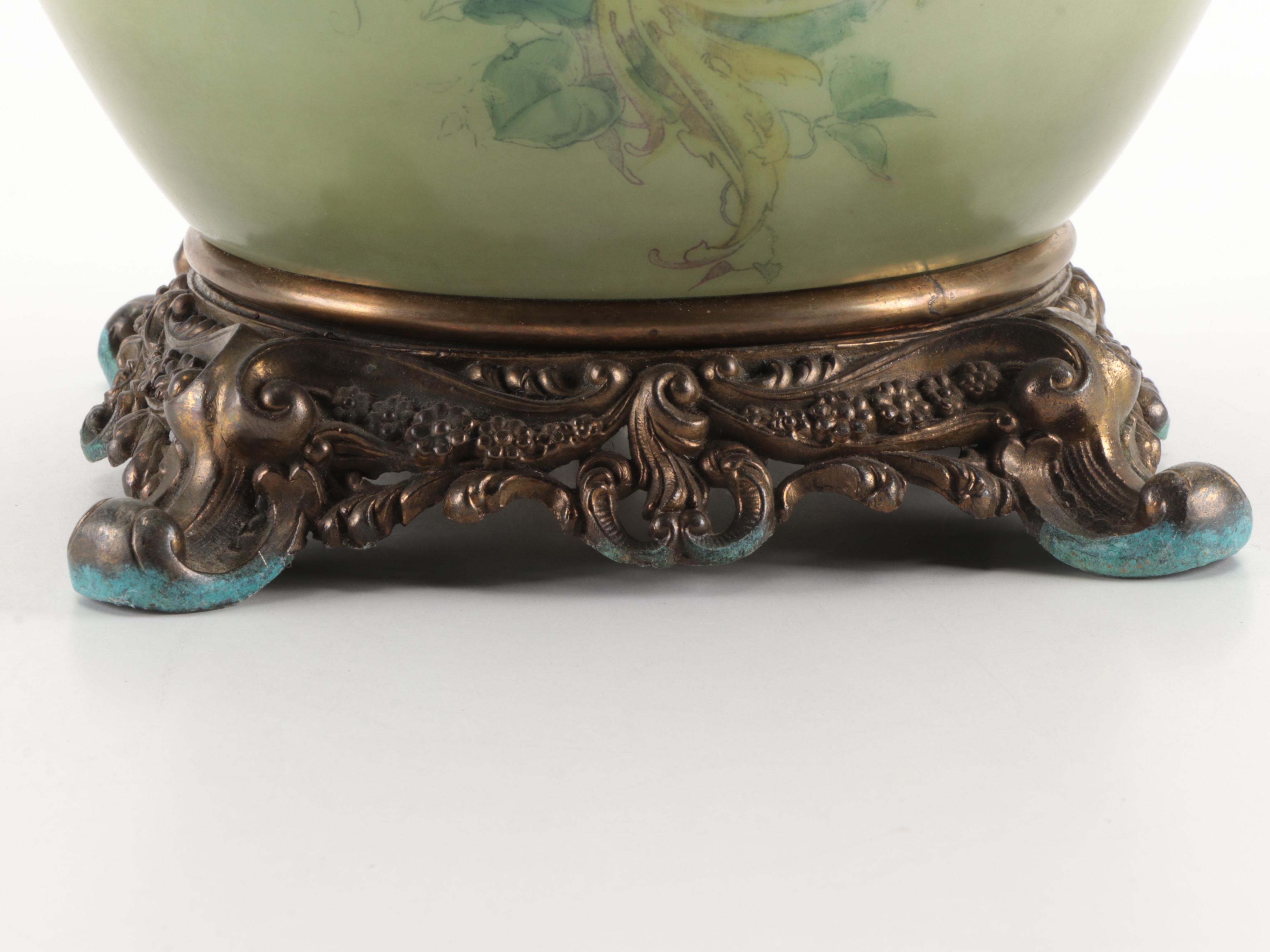 Victorian Fostoria Hand-Painted Glass Parlor Lamp, Early 20th Century