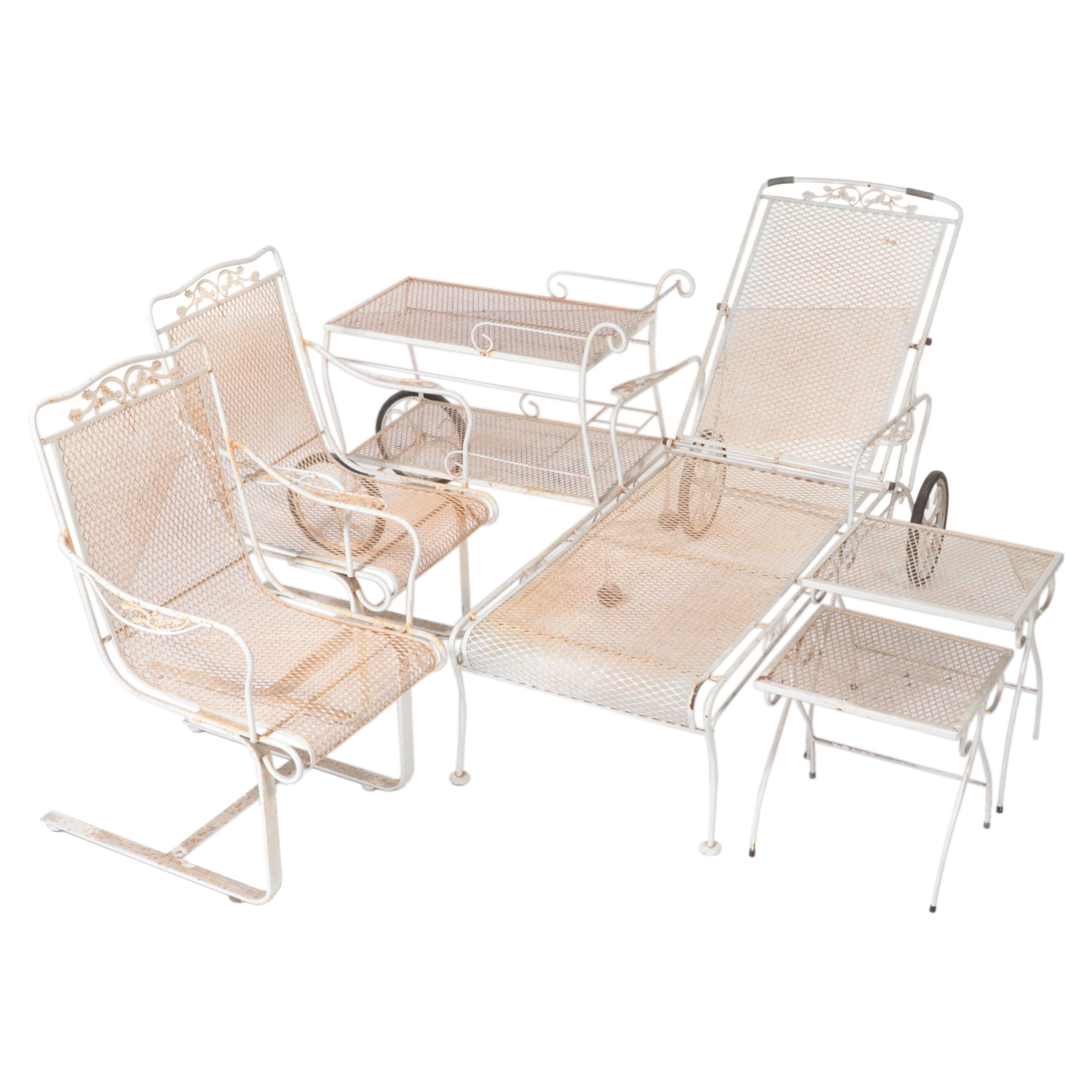 Iron Mesh Six-Piece Patio Chaise, Cart, Armchairs and Nested Tables