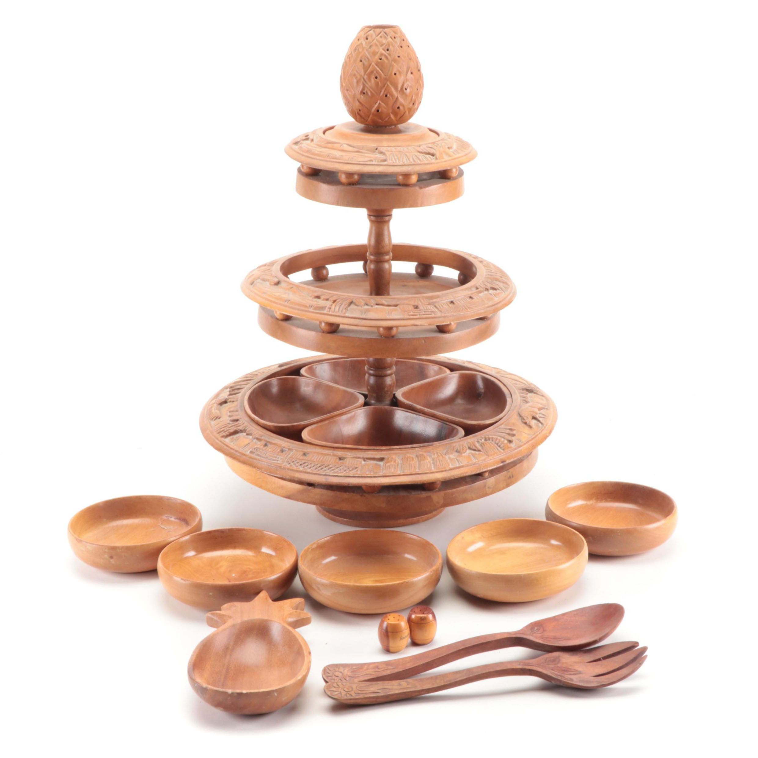Hand Carved Monkey Pod Wood Three Tier Lazy Susan with Pineapple Finial