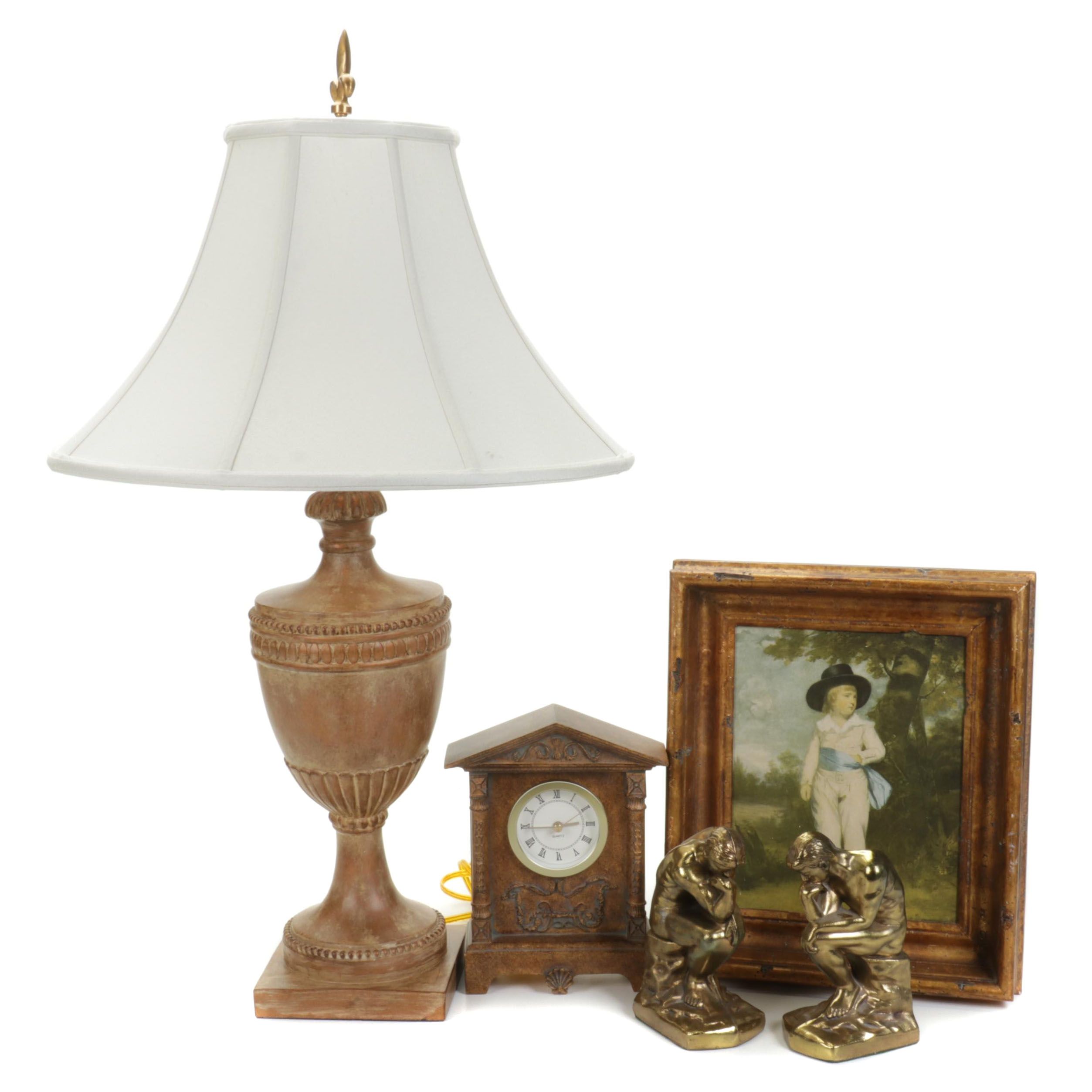 Brass Colored "The Thinker" Bookends With Table Lamp, Mantel Clock and More