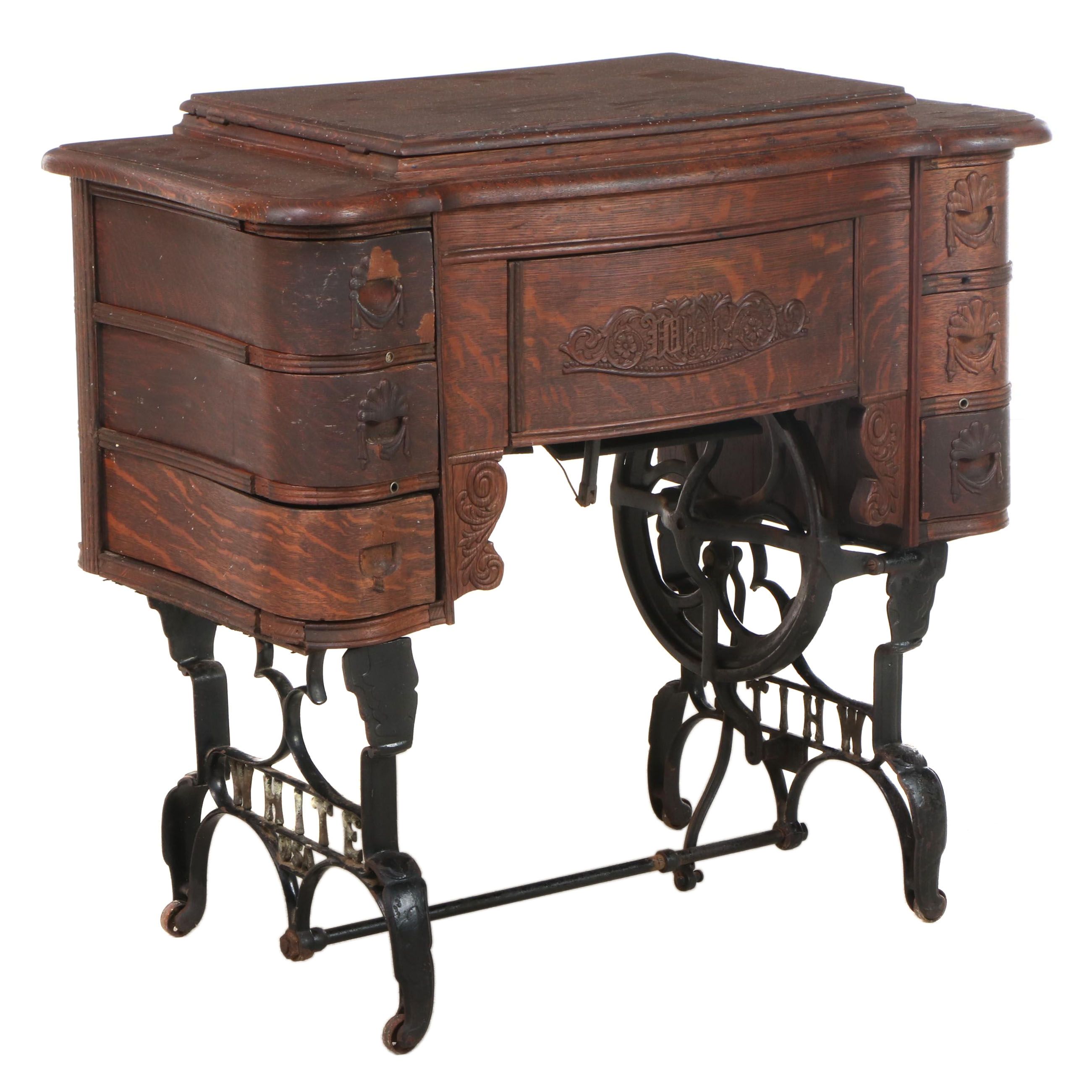 White "Family Rotary" Sewing Machine in Iron and Oak Cabinet, Early 20th Century