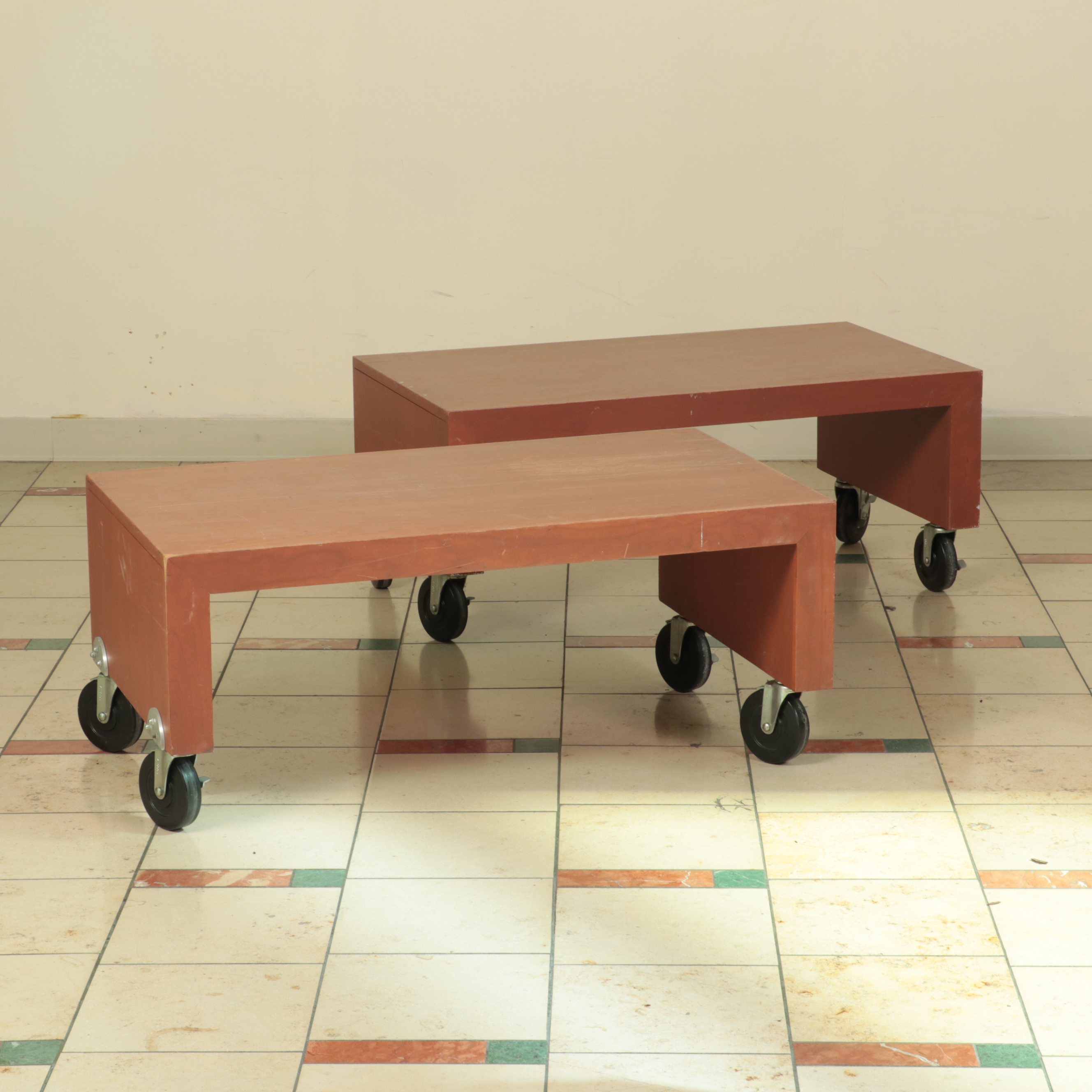 Laminated and Painted Wood Display Tables and Shelves on Wheels