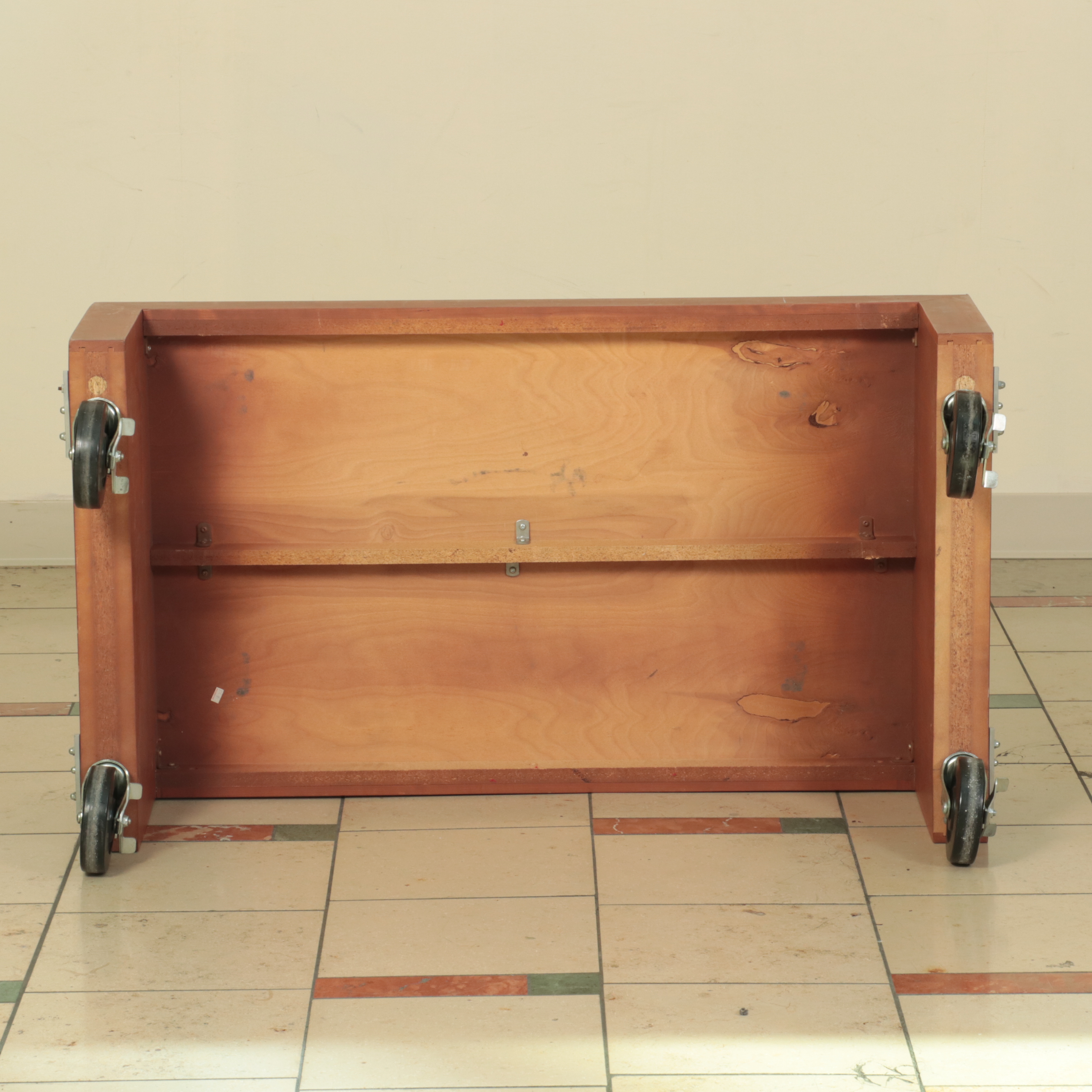 Laminated and Painted Wood Display Tables and Shelves on Wheels