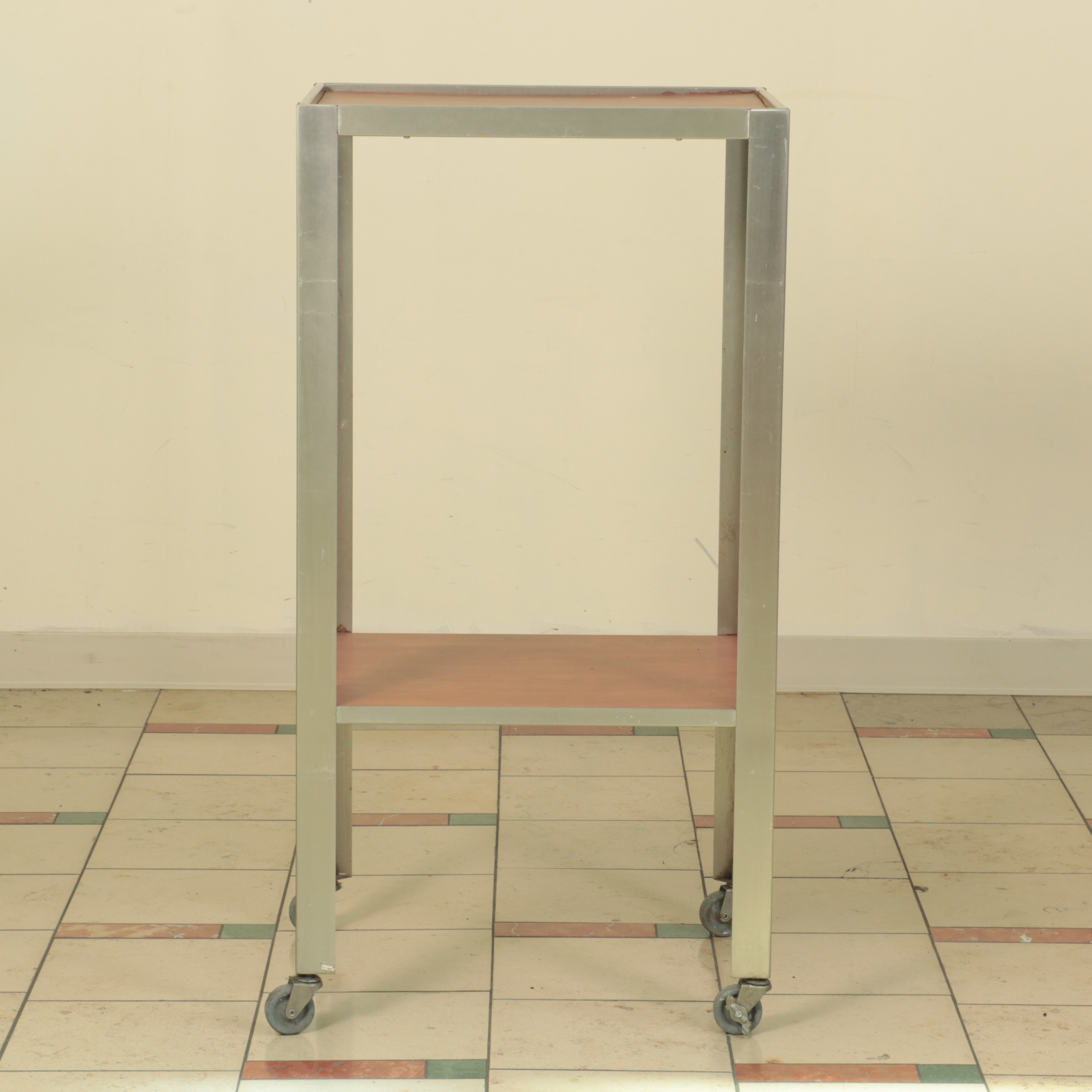 Laminated and Painted Wood Display Tables and Shelves on Wheels