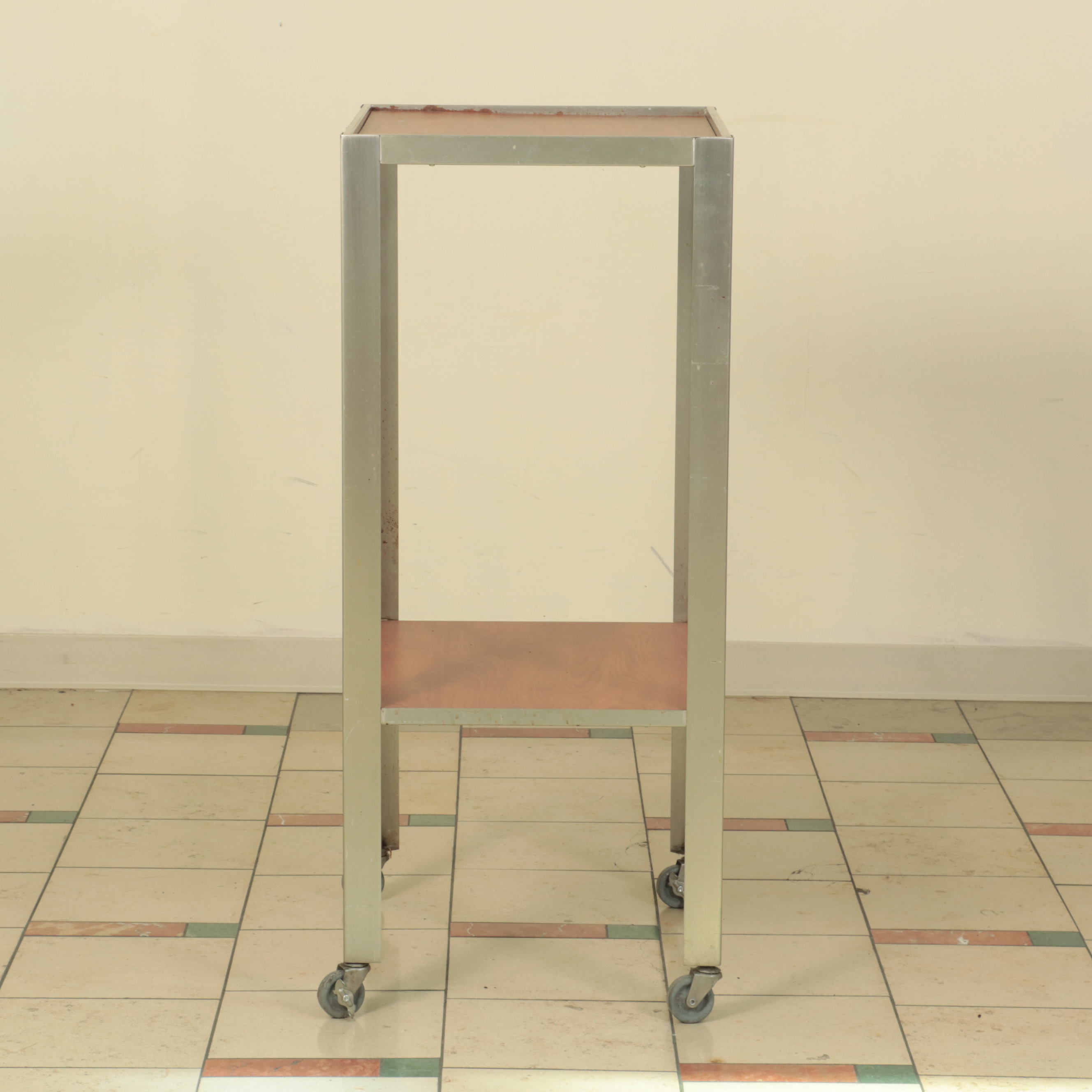 Laminated and Painted Wood Display Tables and Shelves on Wheels