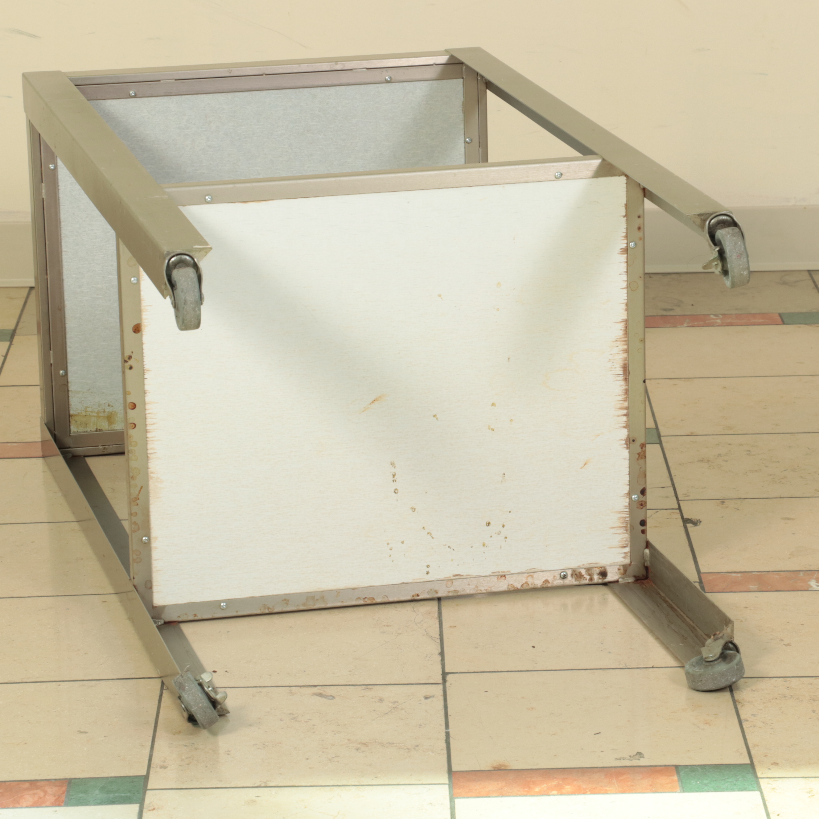 Laminated and Painted Wood Display Tables and Shelves on Wheels