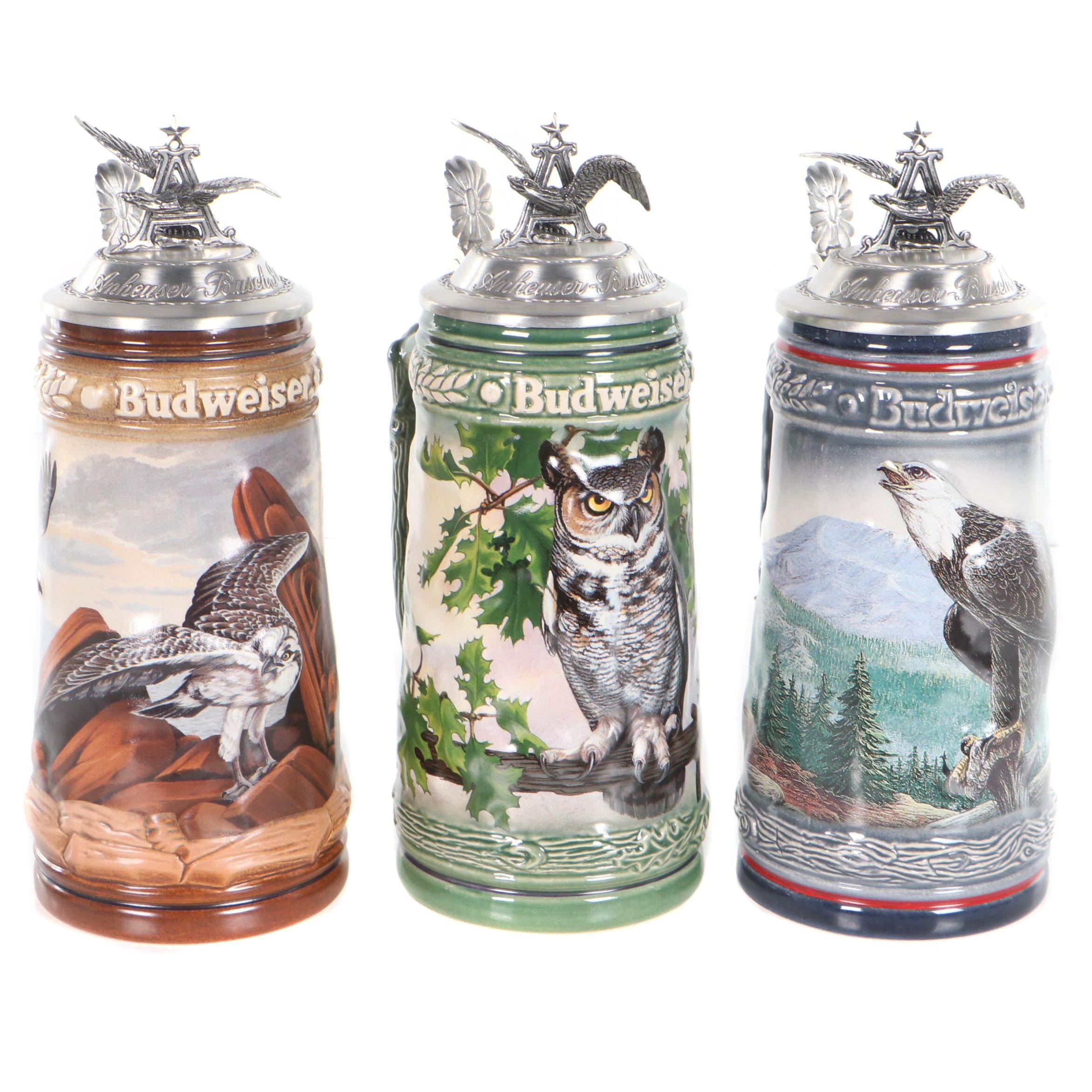Budweiser Ceramic "Birds of Prey" Beer Steins, 1990s