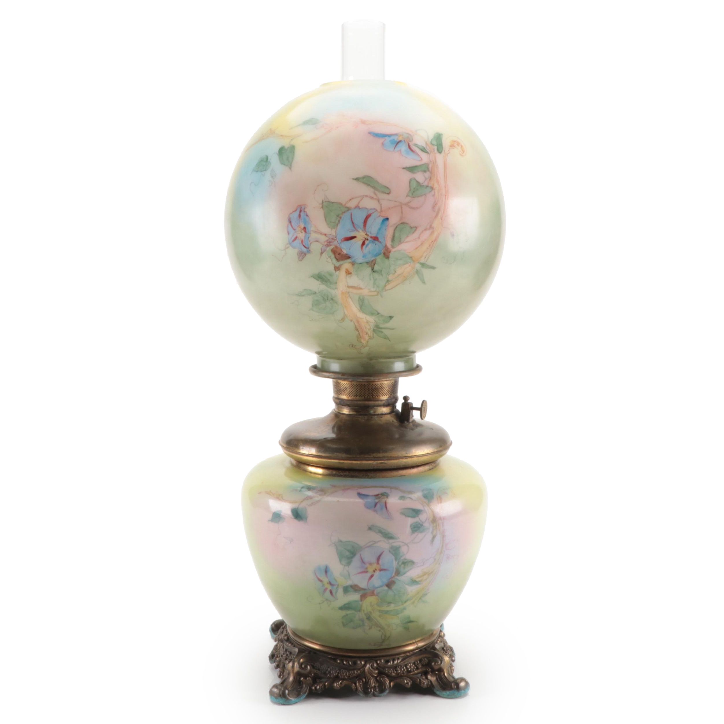 Victorian Fostoria Hand-Painted Glass Parlor Lamp, Early 20th Century