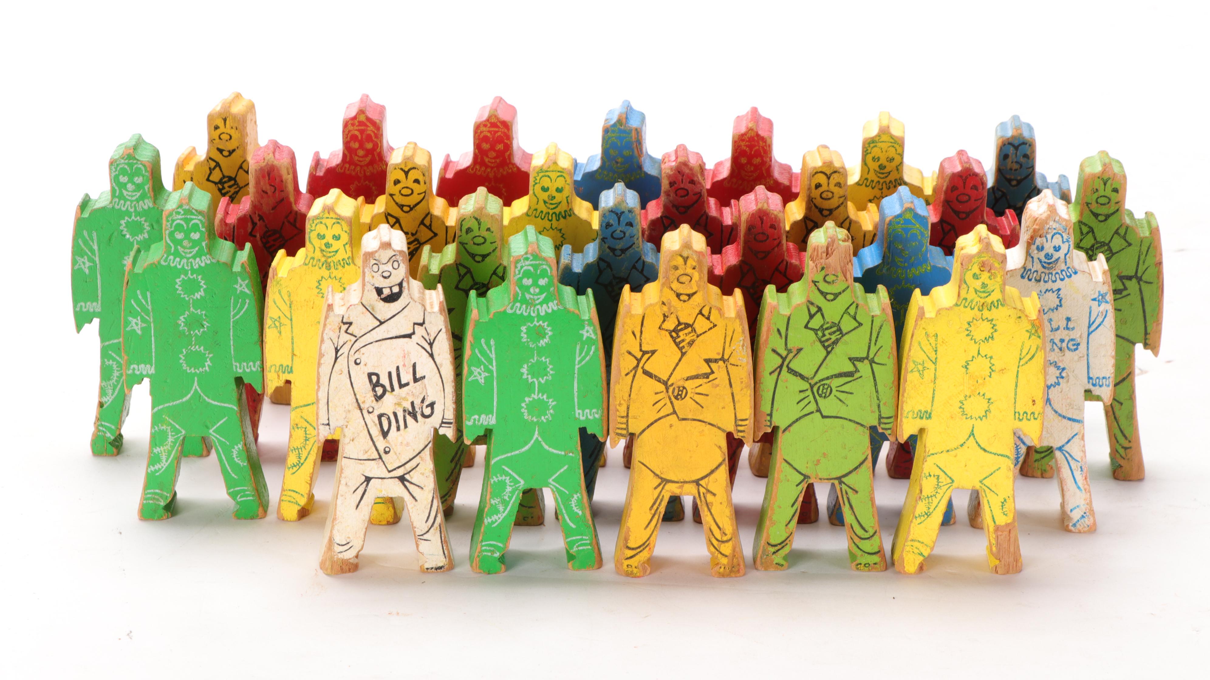 Painted Wooden Circus Wagon Toy Chest with Wooden Cutout Clowns