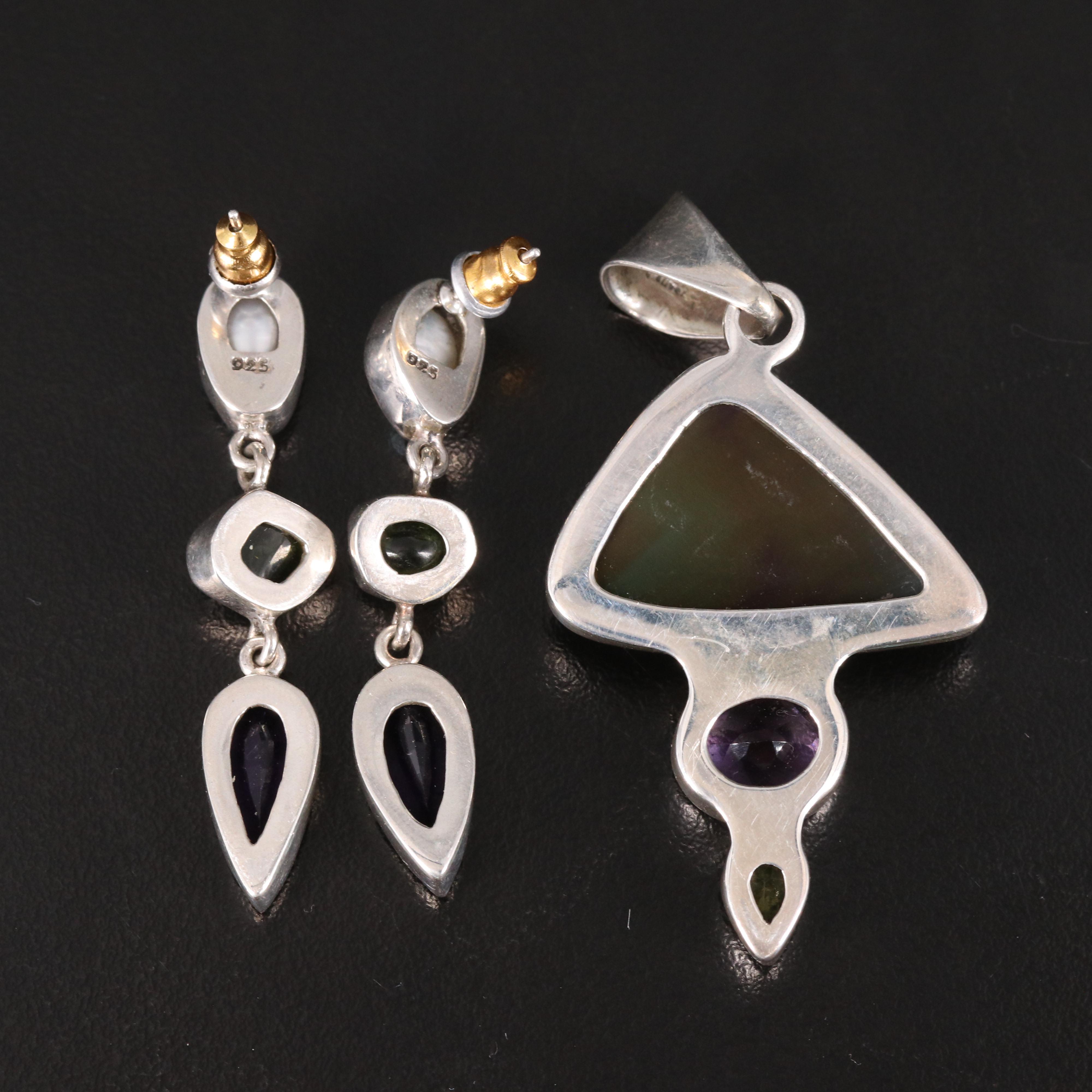 Charles Albert Rainbow Obsidian, Amethyst and Gemstone Pendant and Earrings