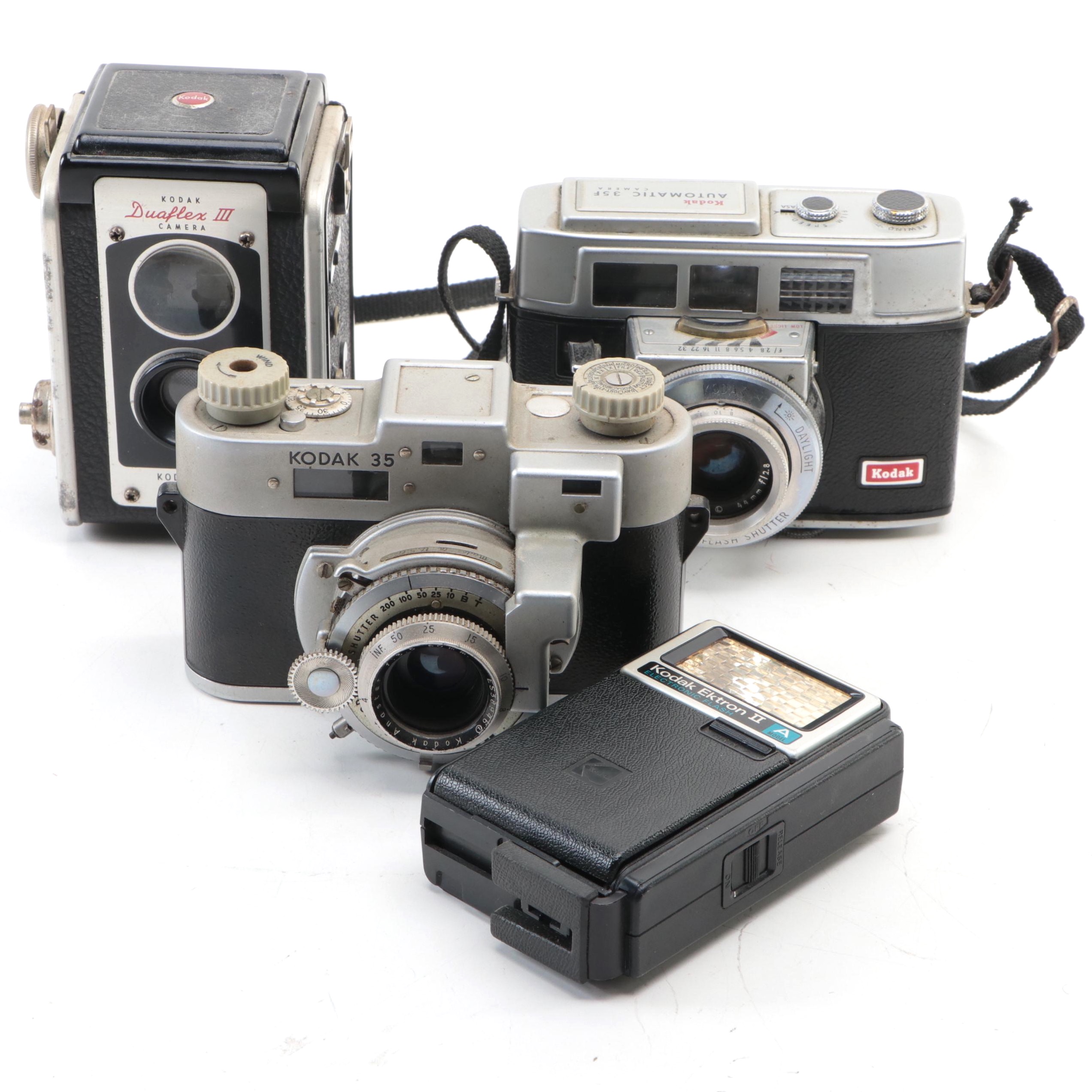 Kodak Duaflex, Kodak 35 and Automatic 35F Cameras With Ektron II Flash