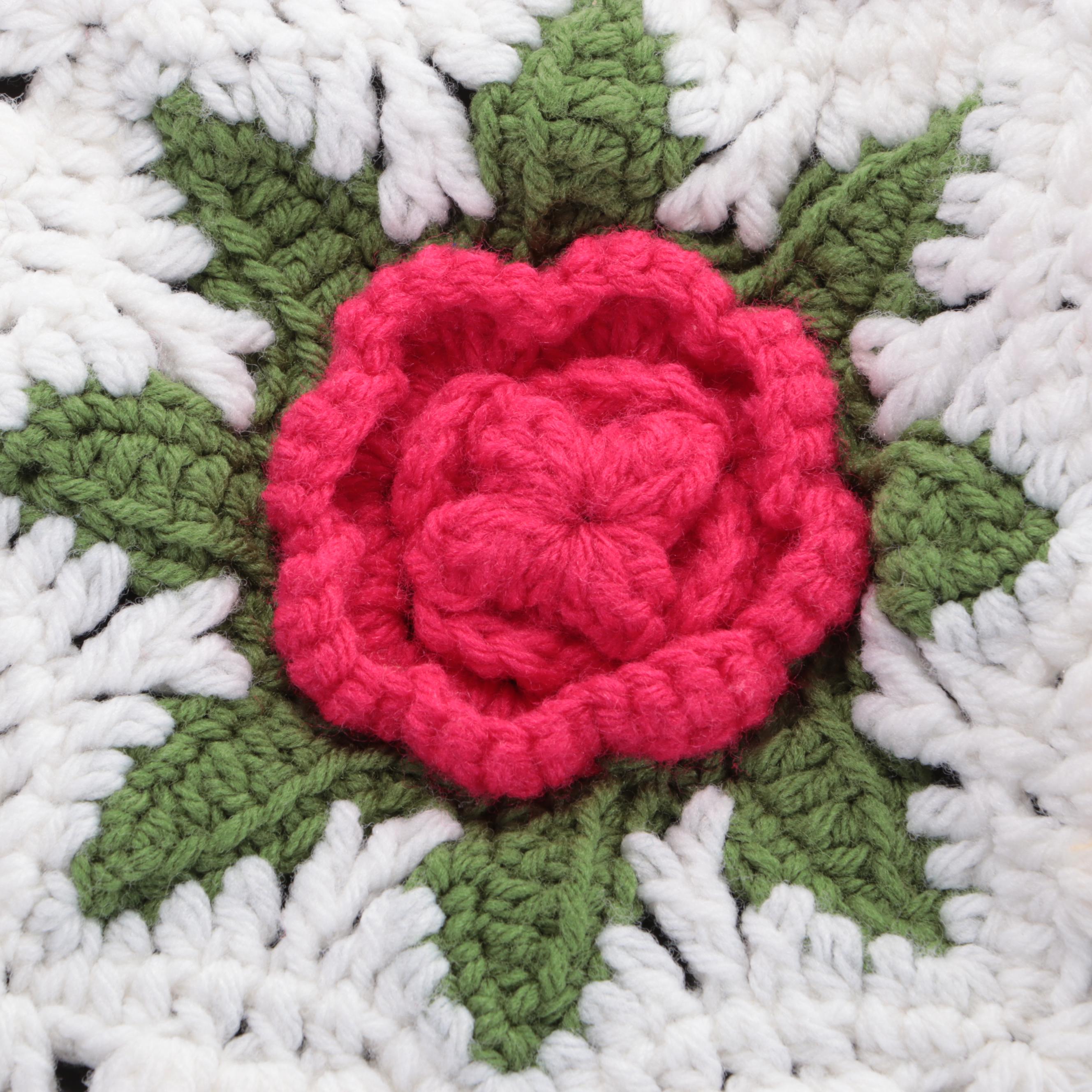 Hand Crocheted Rose Granny Square Afghan