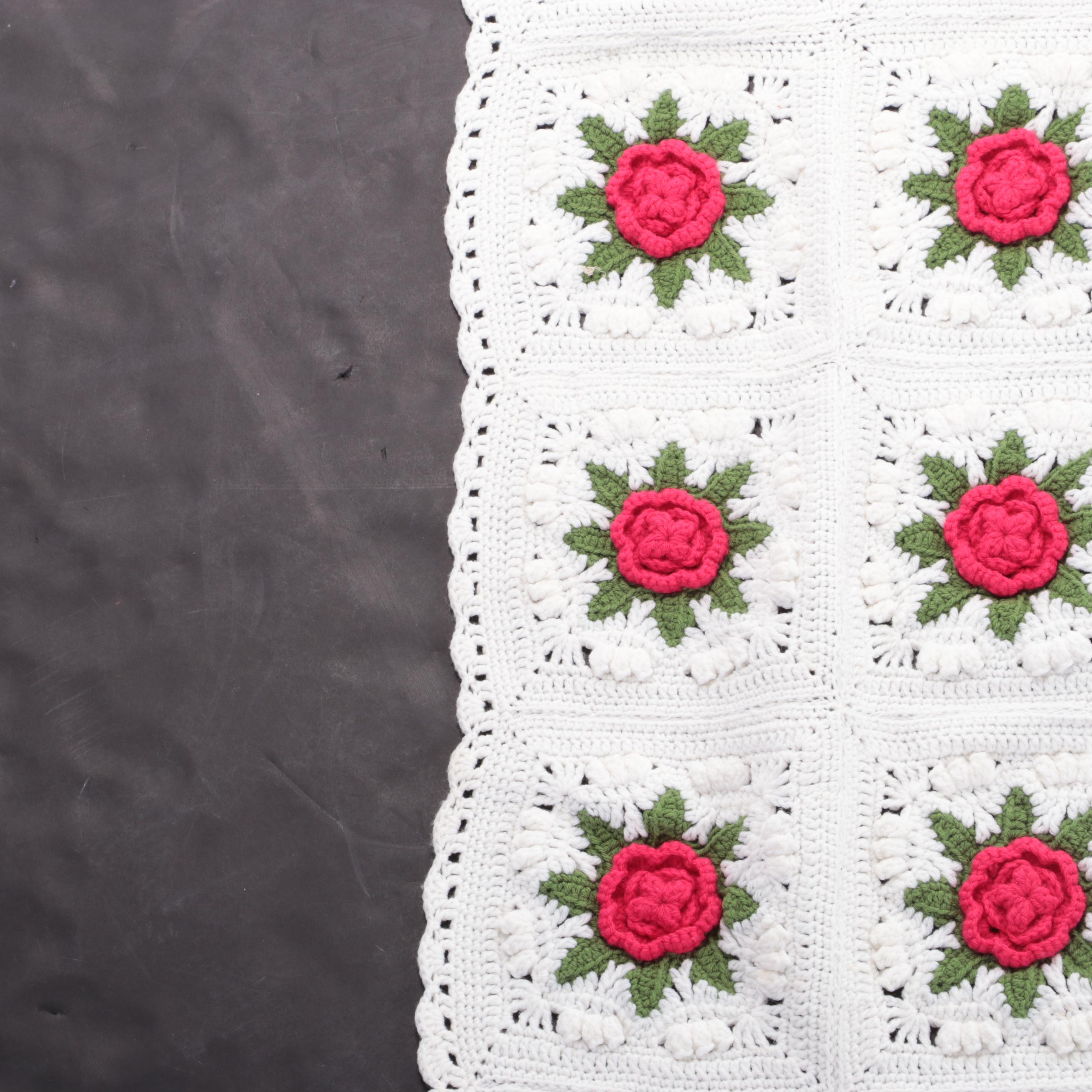 Hand Crocheted Rose Granny Square Afghan