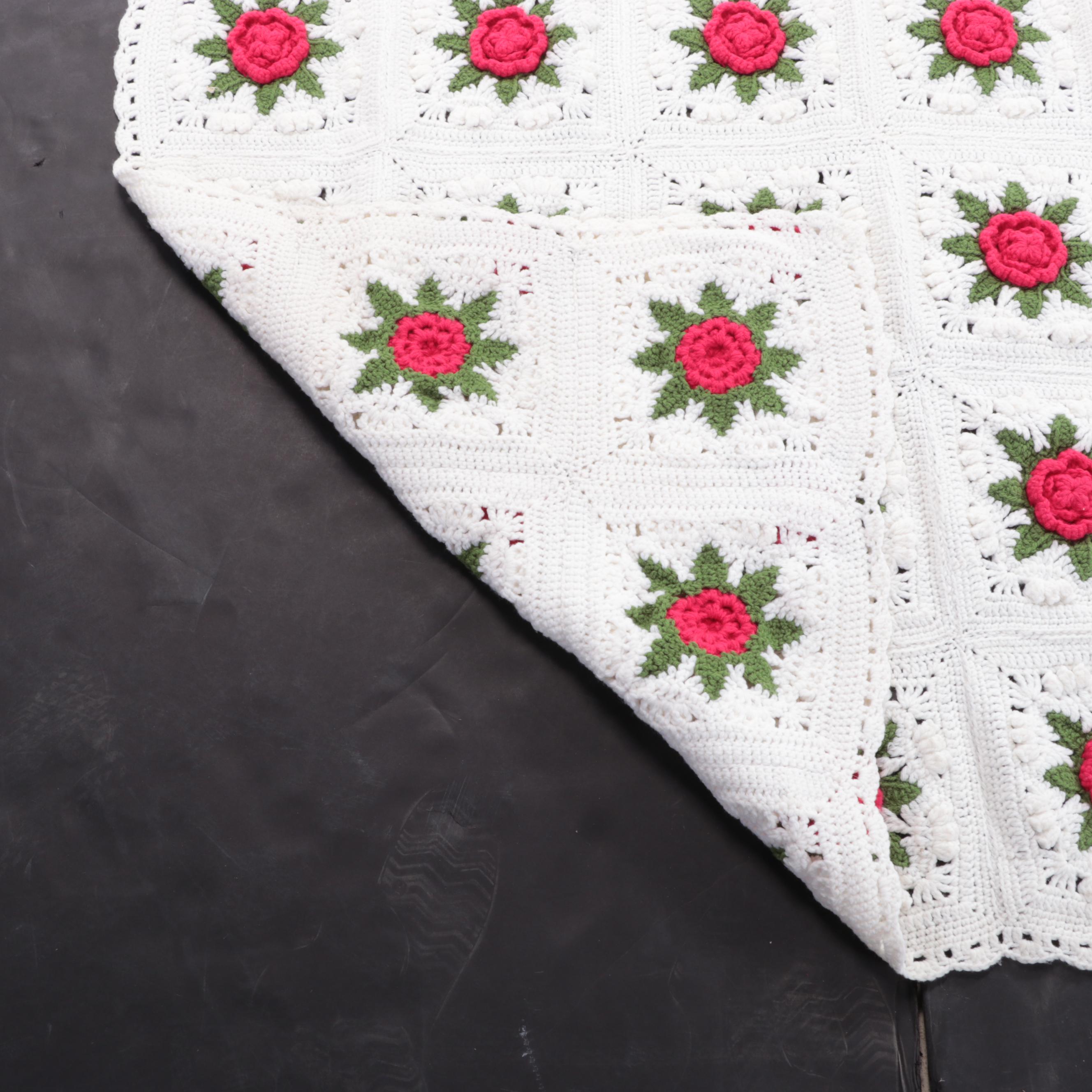 Hand Crocheted Rose Granny Square Afghan