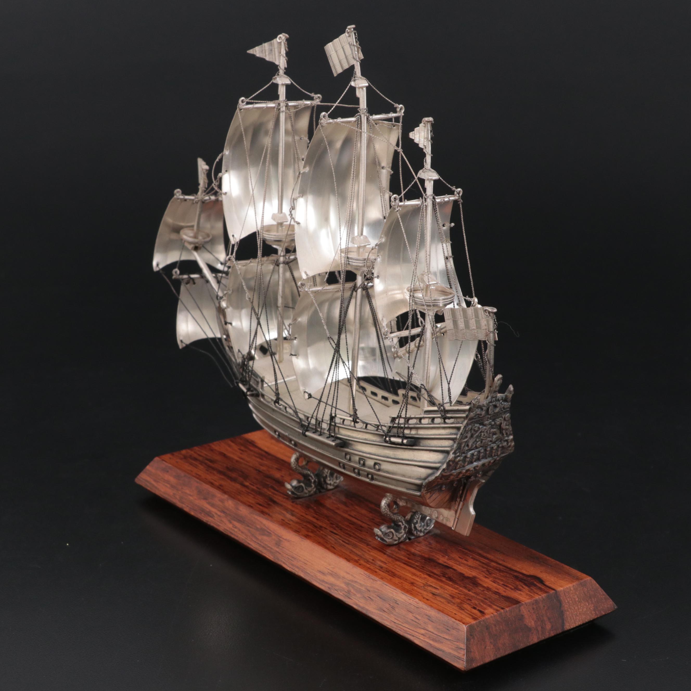 H. Hooykaas Dutch 833 Silver Three-Masted Model Ship, 1959
