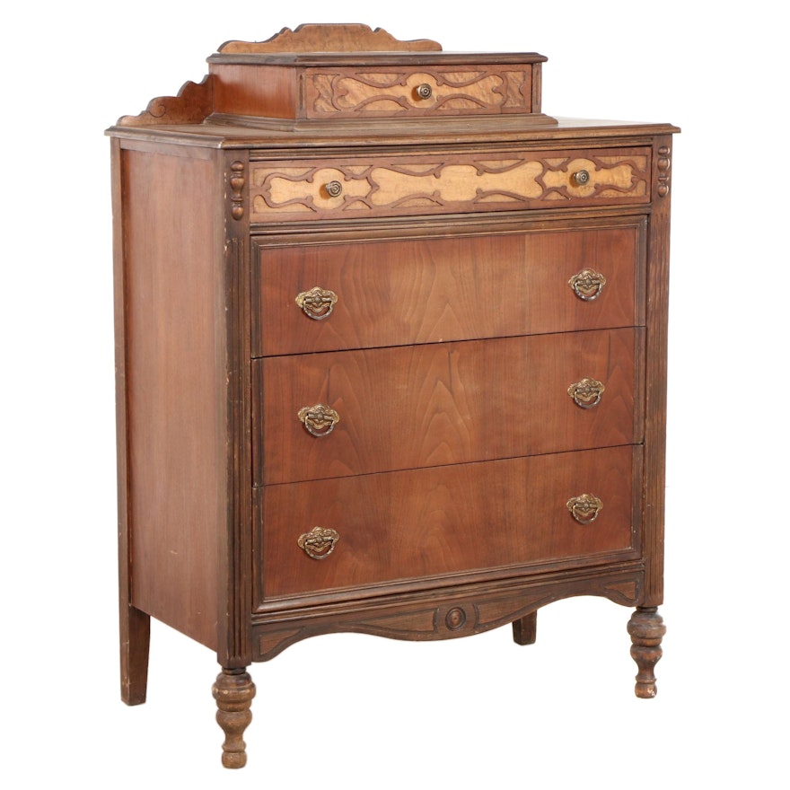 Jacobean Style Walnut and Bird's-Eye Maple Chest of Drawers, 1930s