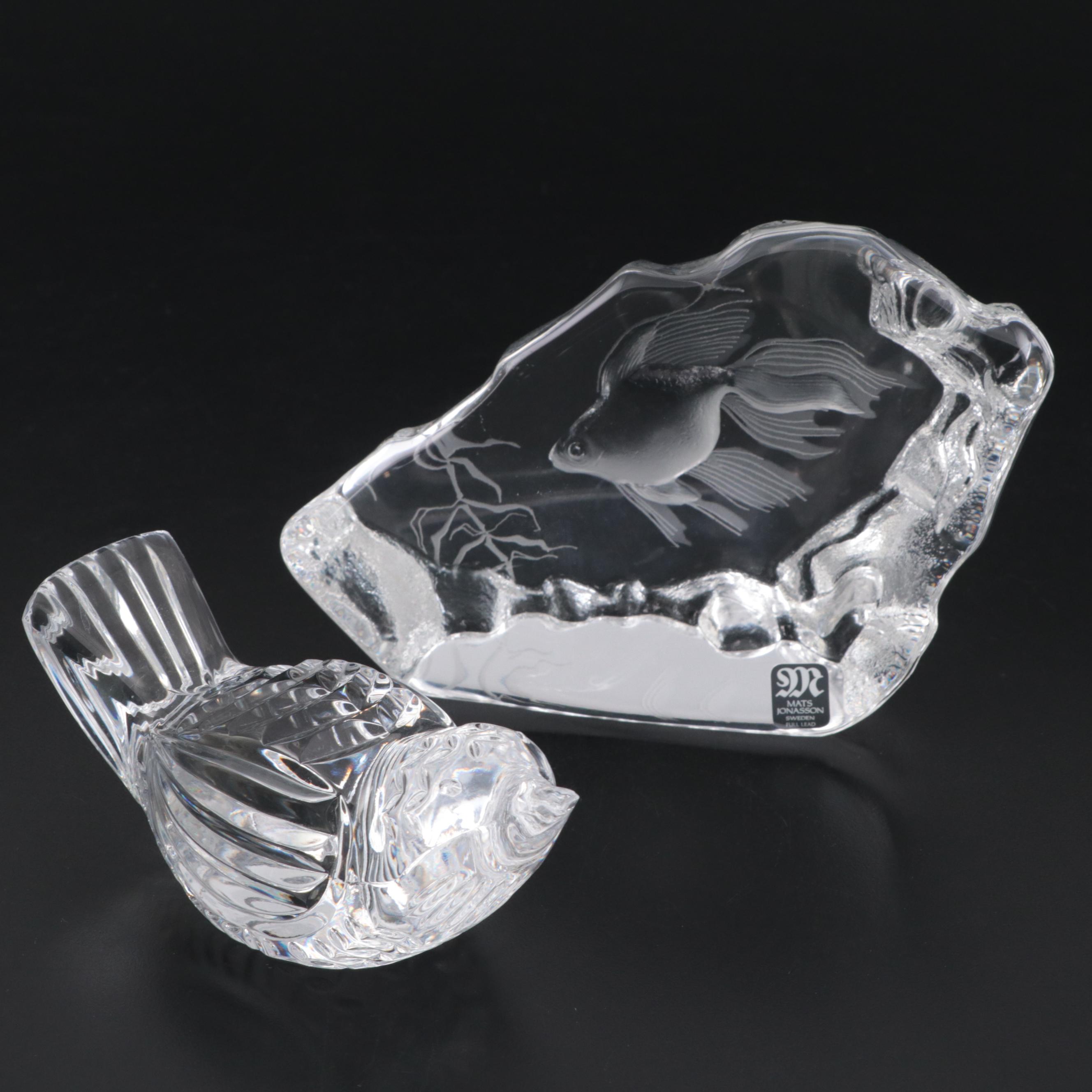 Mats Jonasson Crystal Fish and Waterford Crystal "Bird" Paperweights