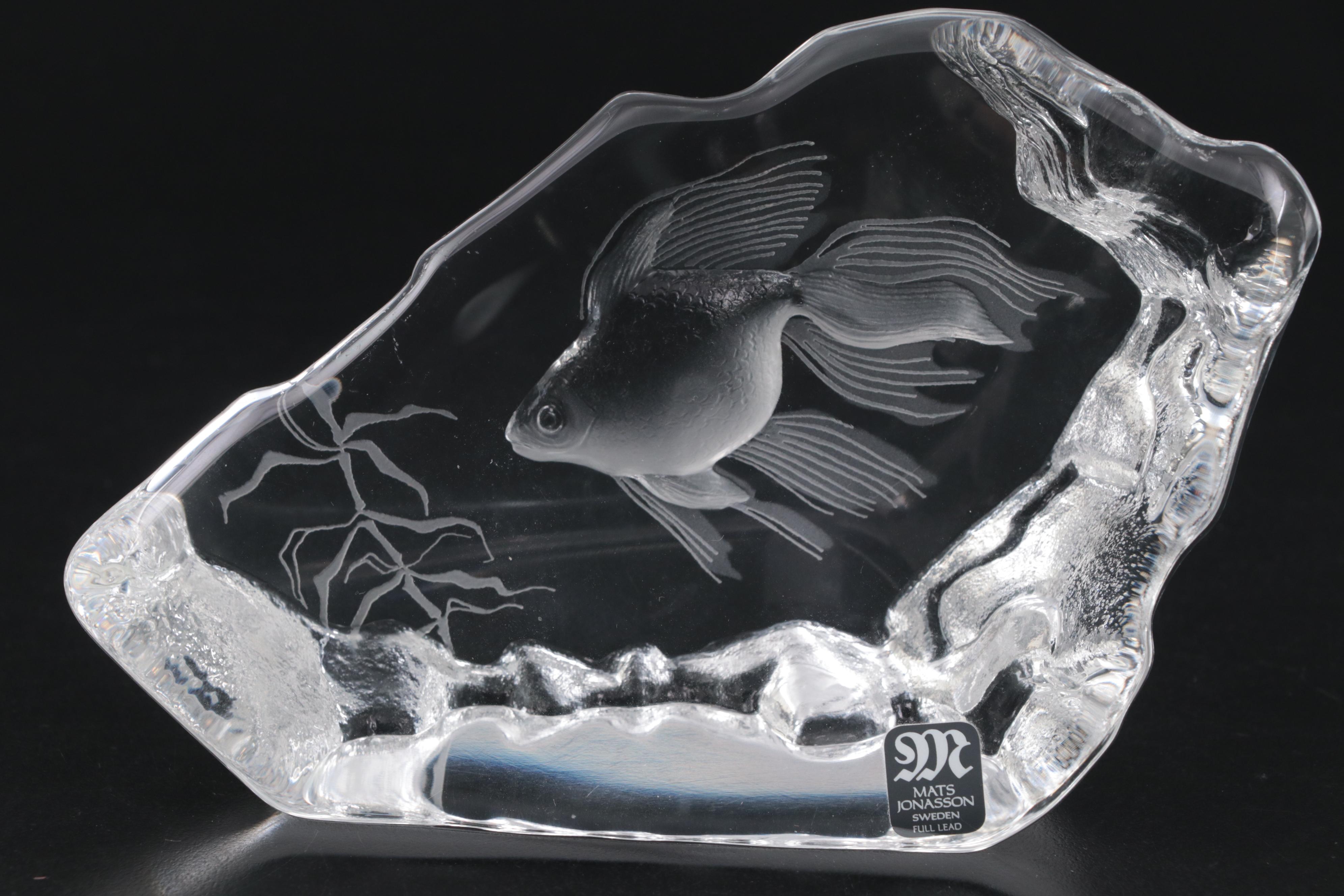 Mats Jonasson Crystal Fish and Waterford Crystal "Bird" Paperweights