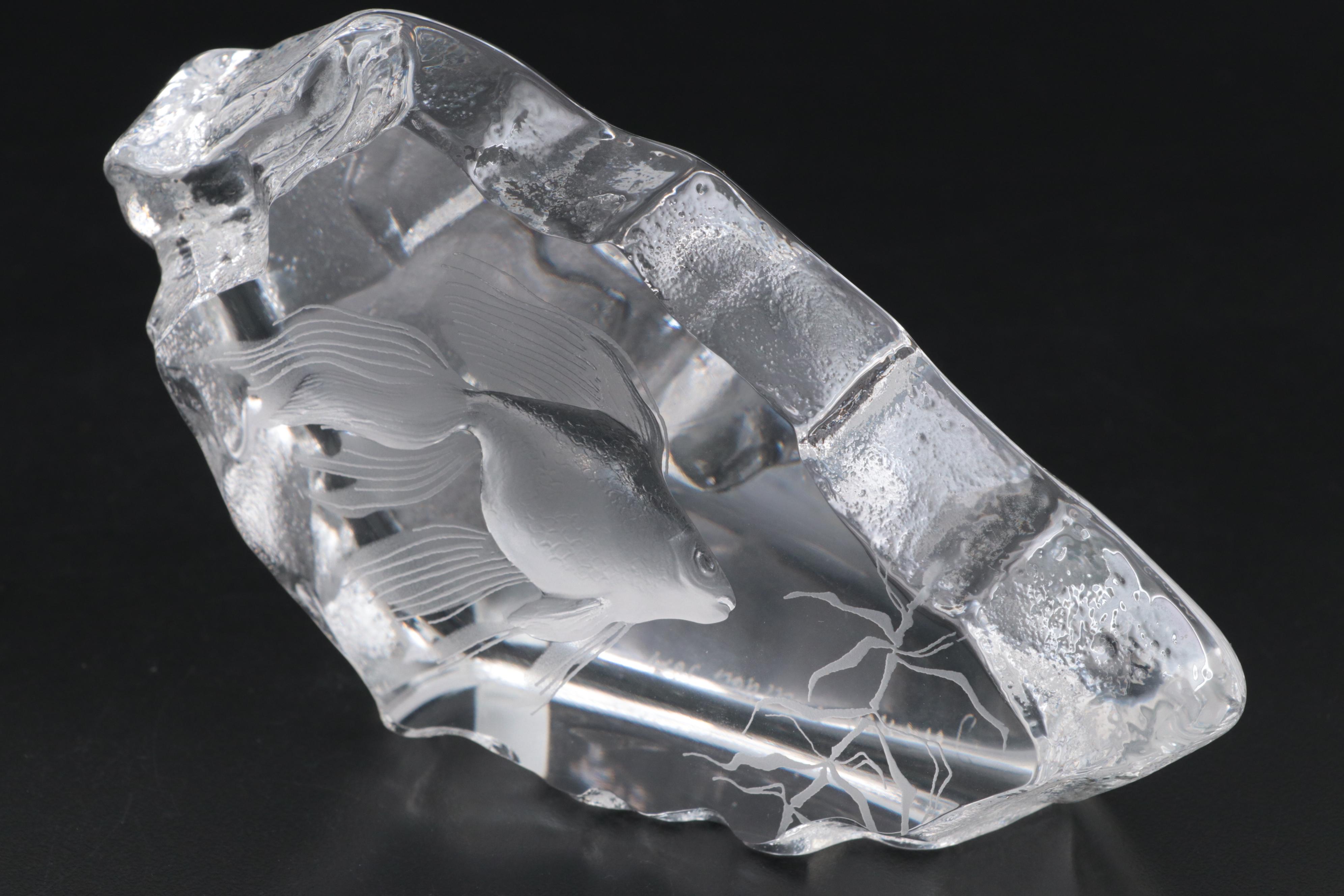 Mats Jonasson Crystal Fish and Waterford Crystal "Bird" Paperweights