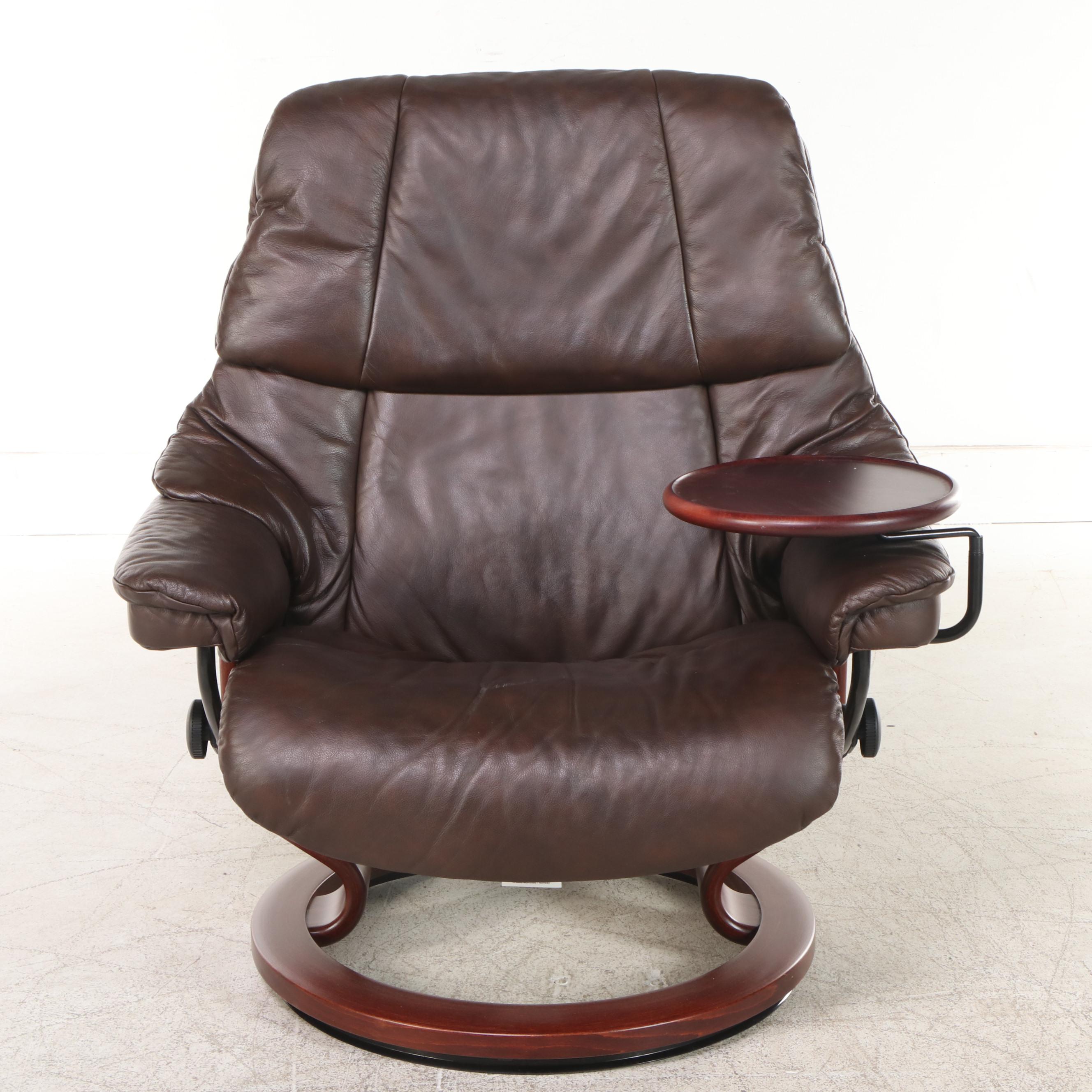 Ekornes Reclining Leather Lounge Chair with Swing-Arm Table and Ottoman