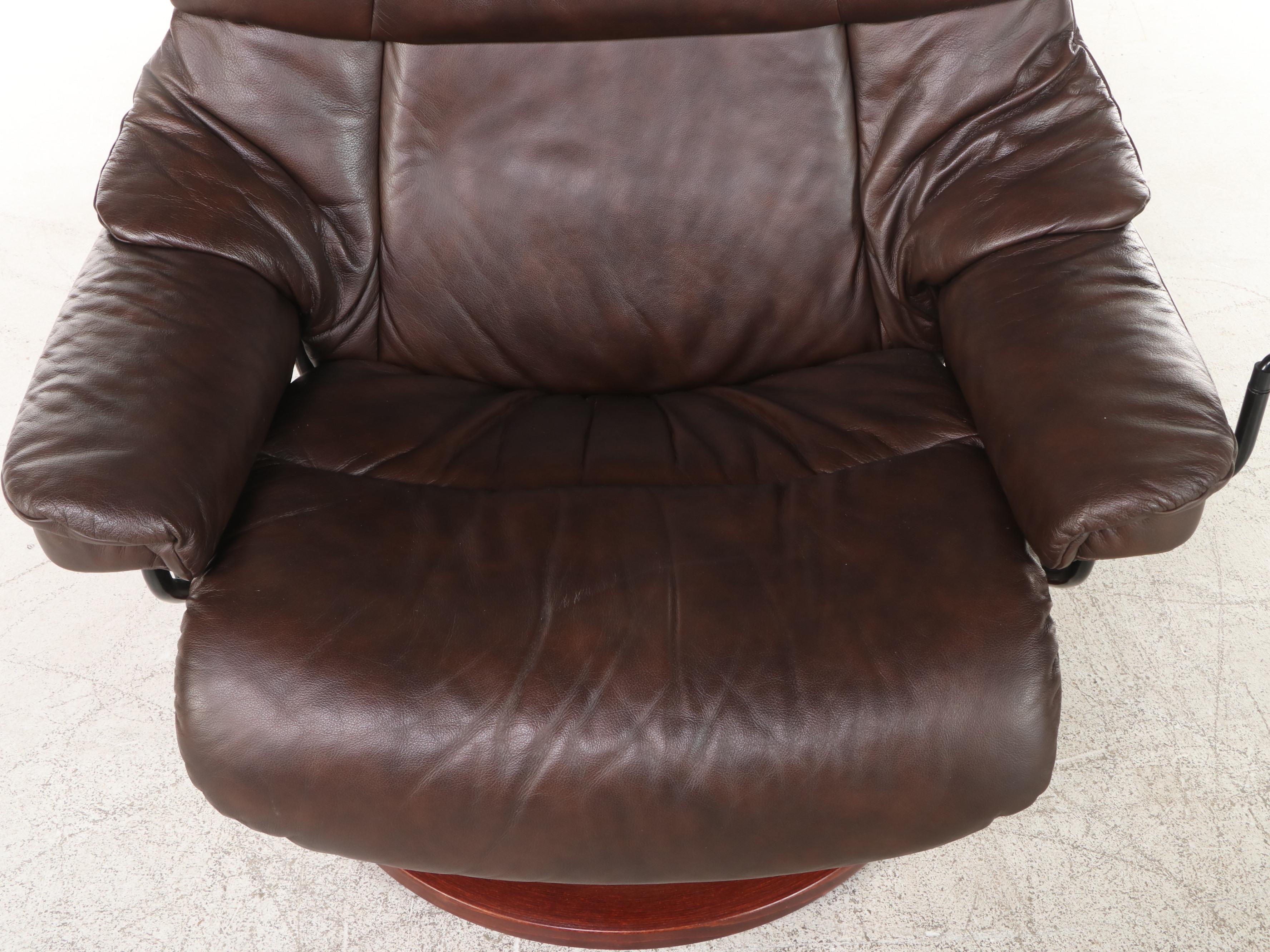 Ekornes Reclining Leather Lounge Chair with Swing-Arm Table and Ottoman