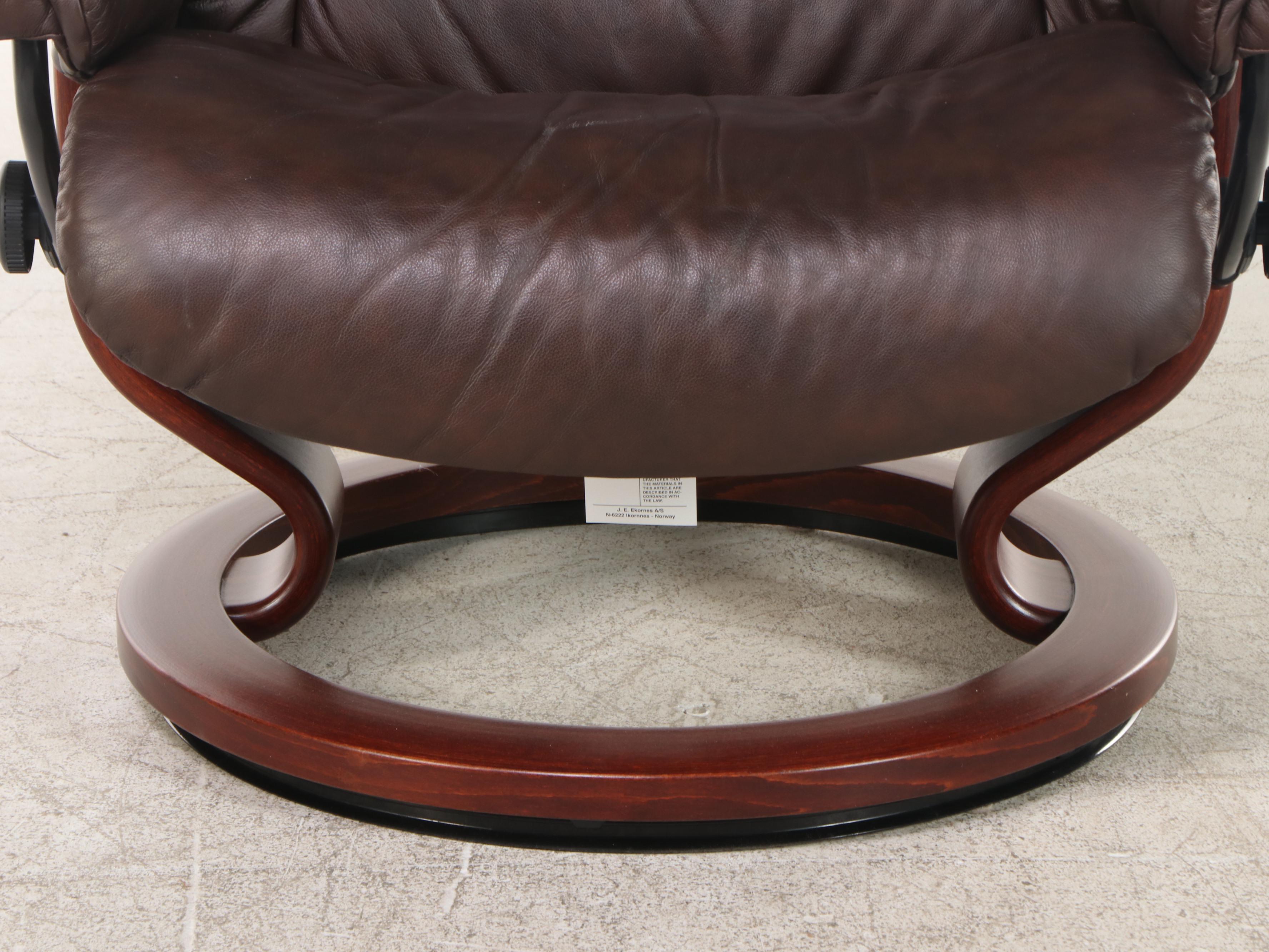 Ekornes Reclining Leather Lounge Chair with Swing-Arm Table and Ottoman