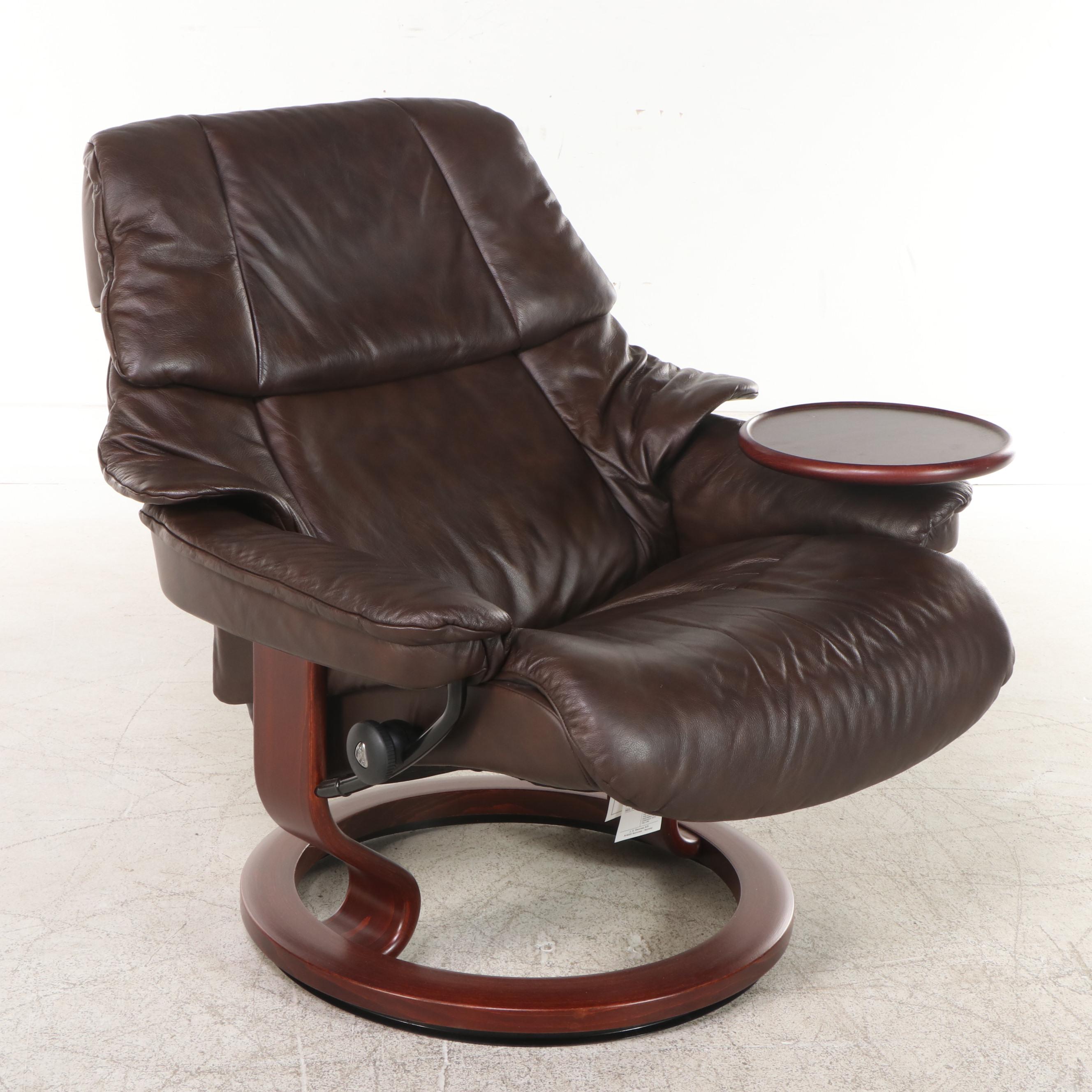 Ekornes Reclining Leather Lounge Chair with Swing-Arm Table and Ottoman