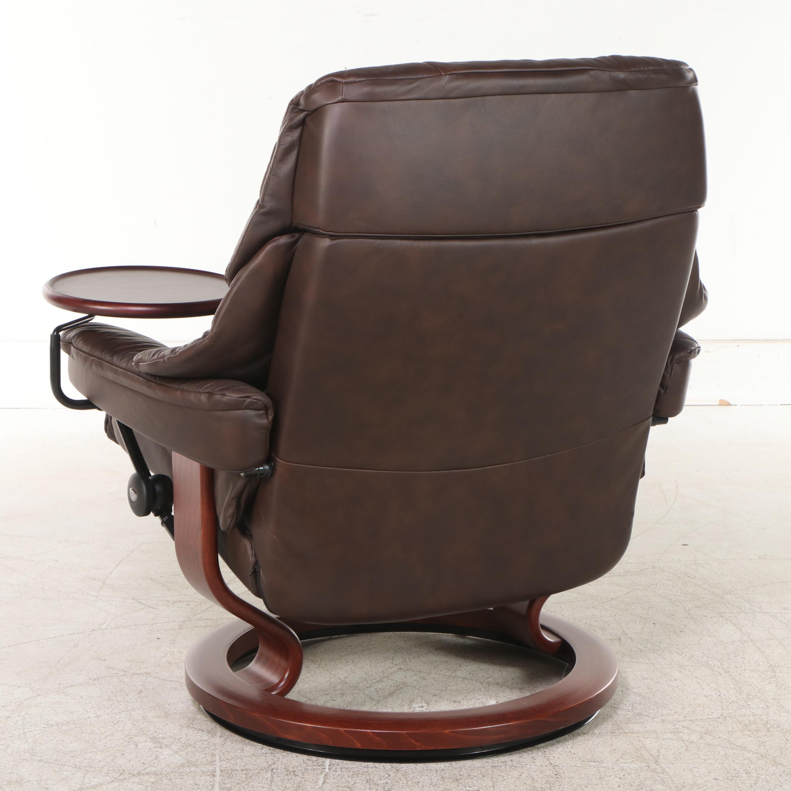 Ekornes Reclining Leather Lounge Chair with Swing-Arm Table and Ottoman