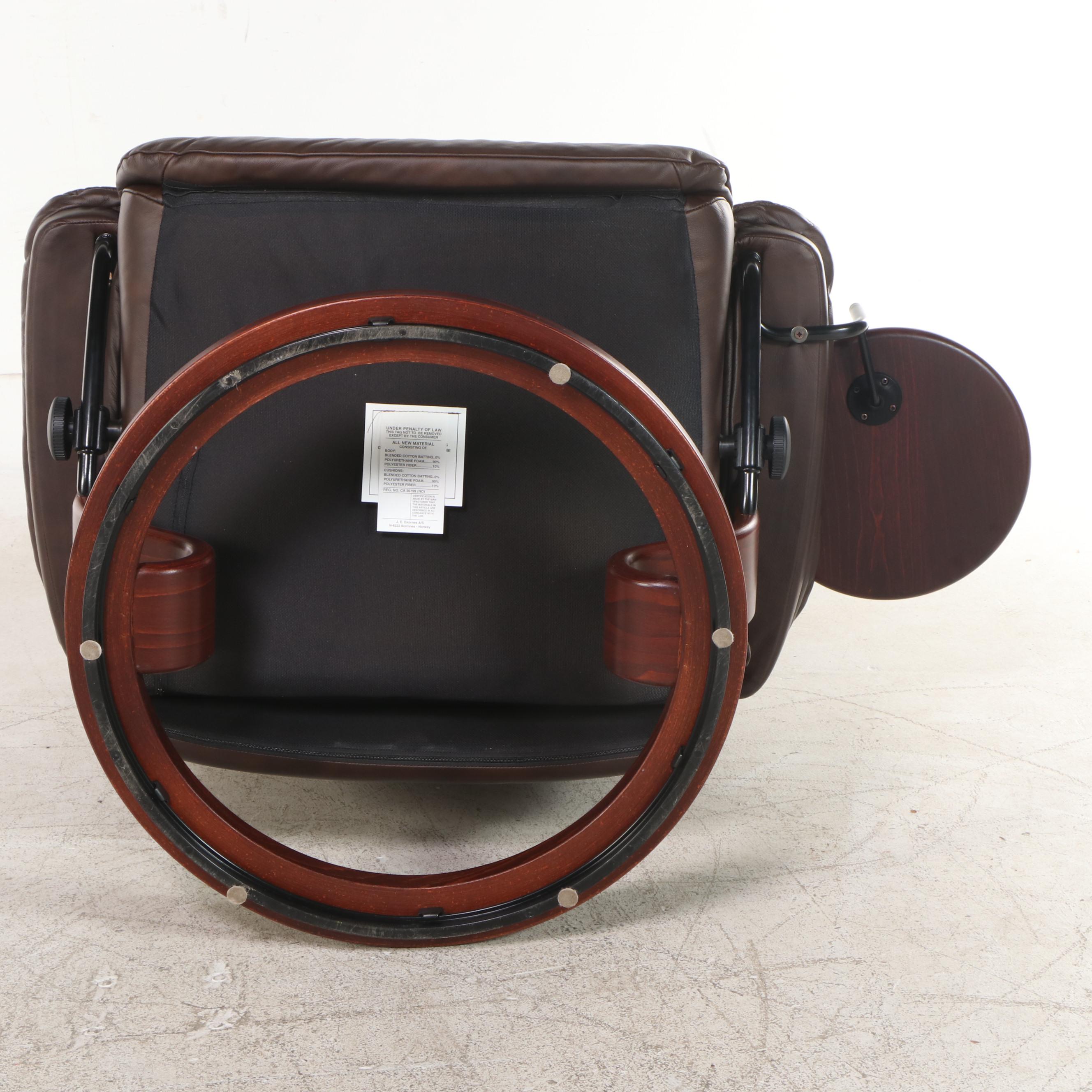 Ekornes Reclining Leather Lounge Chair with Swing-Arm Table and Ottoman