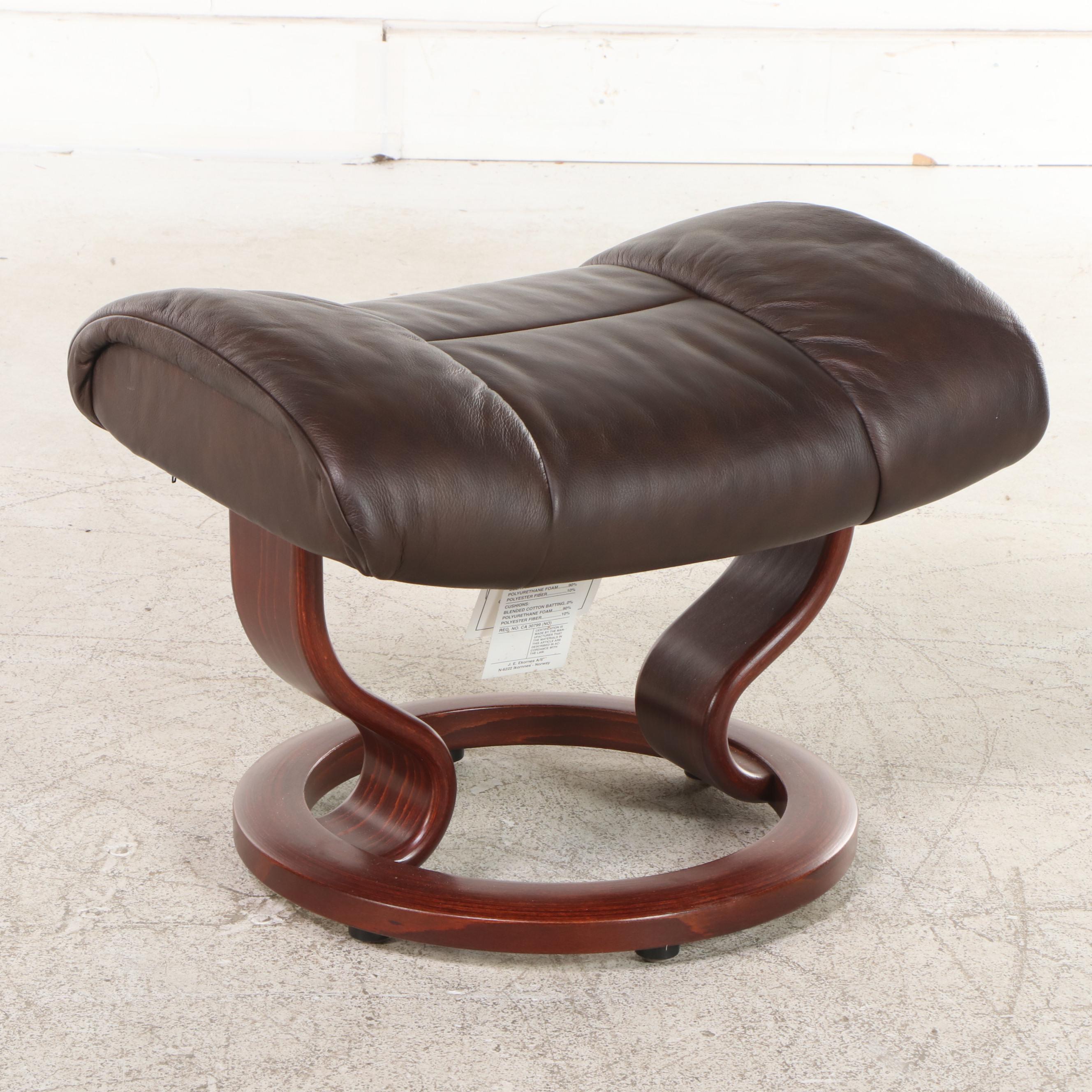 Ekornes Reclining Leather Lounge Chair with Swing-Arm Table and Ottoman