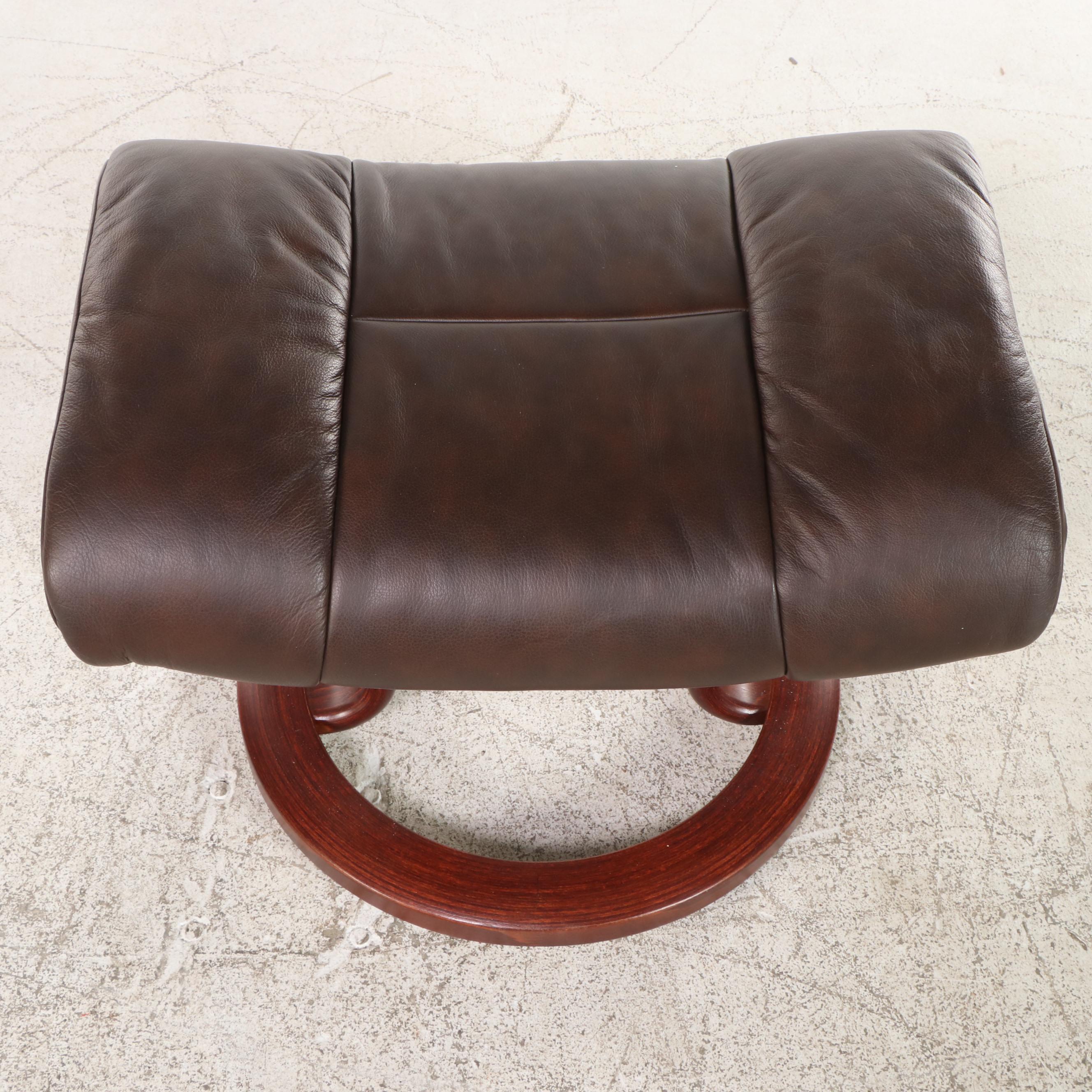 Ekornes Reclining Leather Lounge Chair with Swing-Arm Table and Ottoman