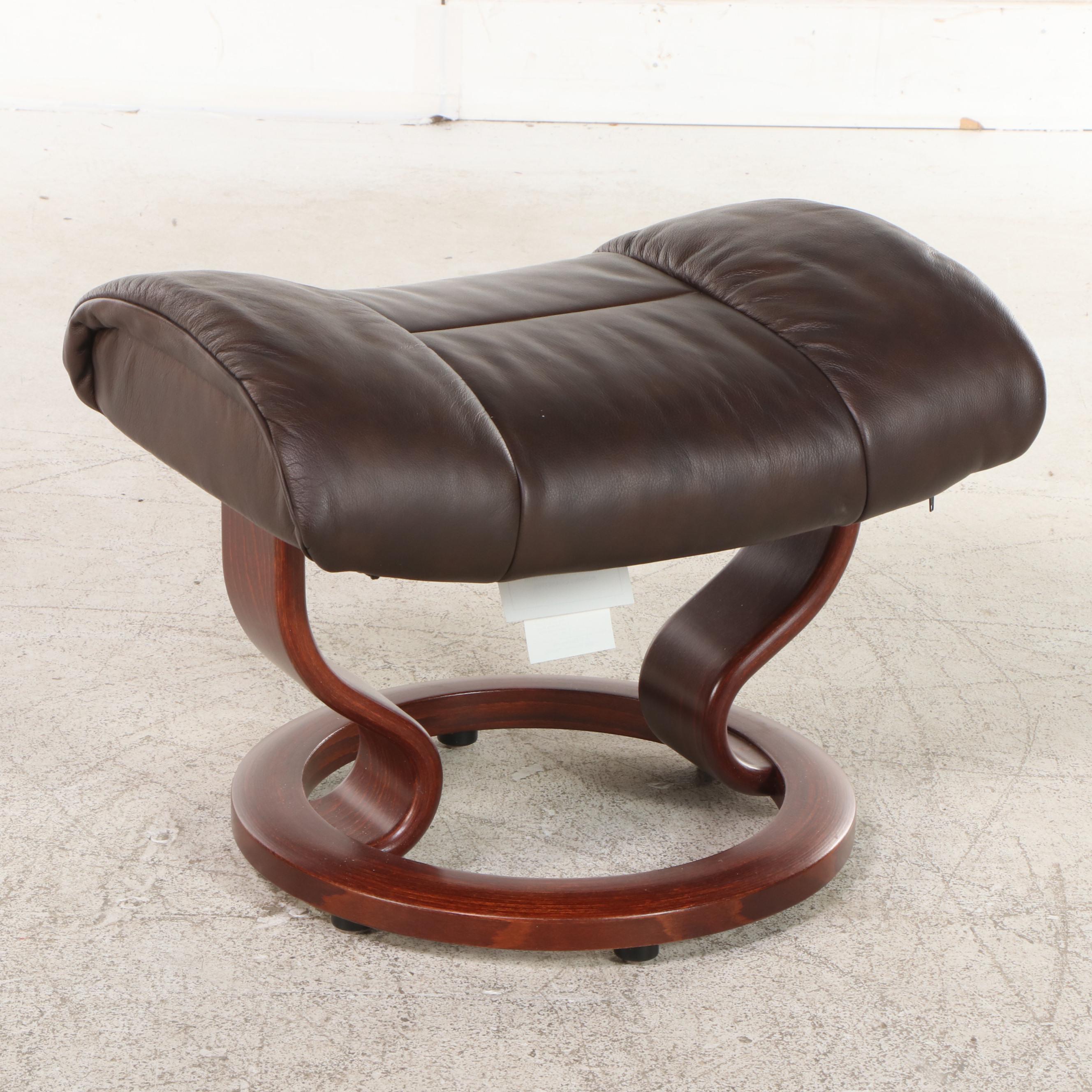 Ekornes Reclining Leather Lounge Chair with Swing-Arm Table and Ottoman