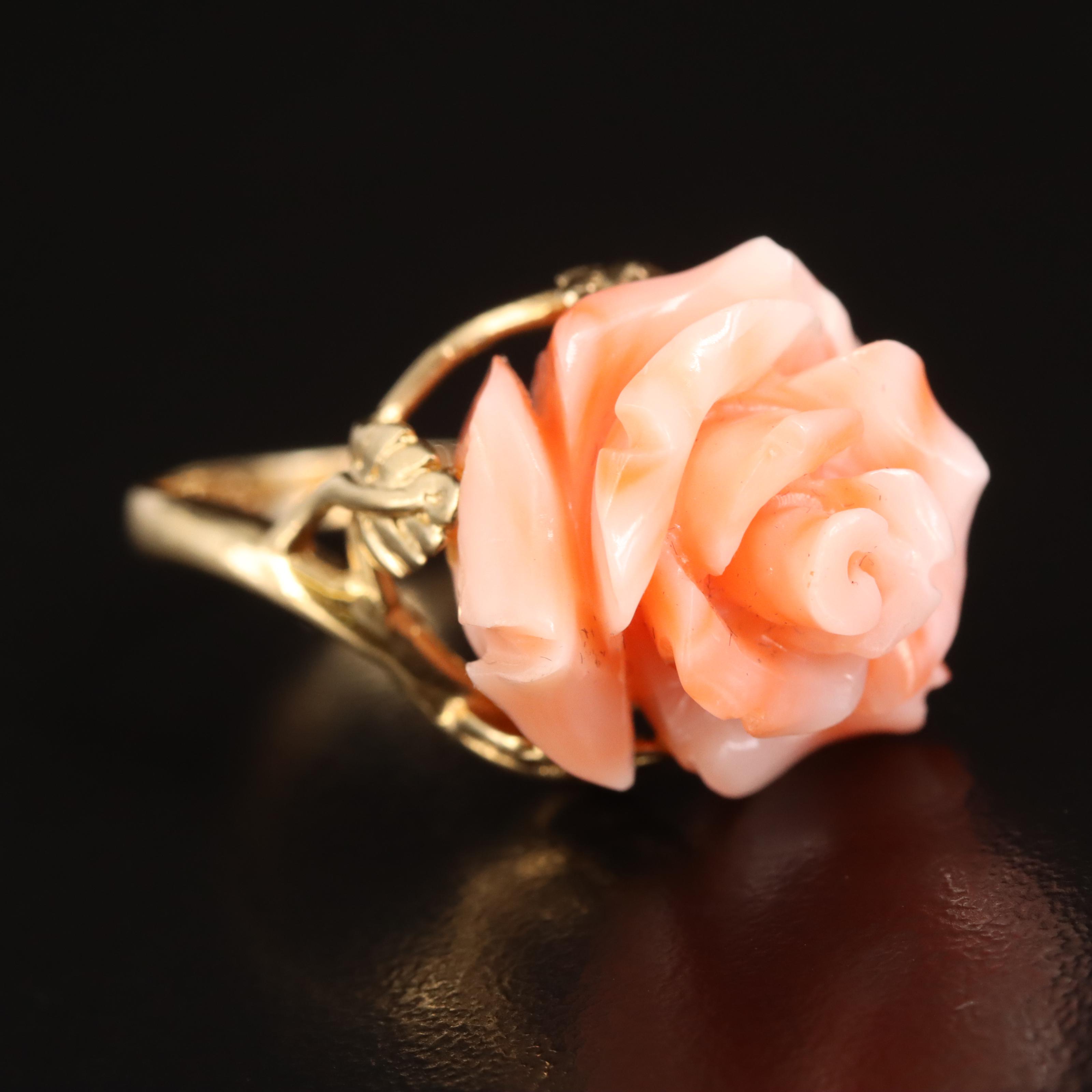 14K Carved Coral Rose Ring