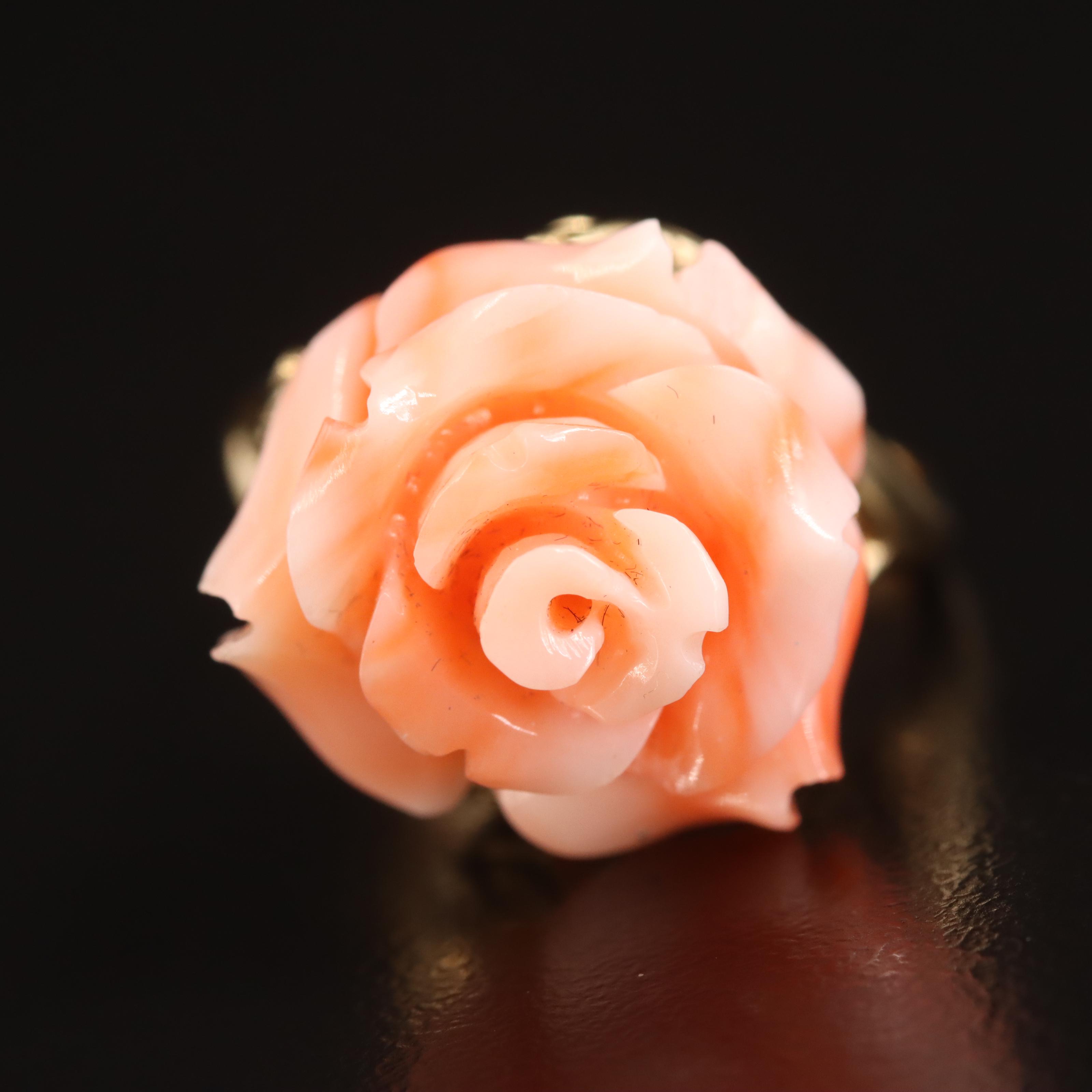 14K Carved Coral Rose Ring