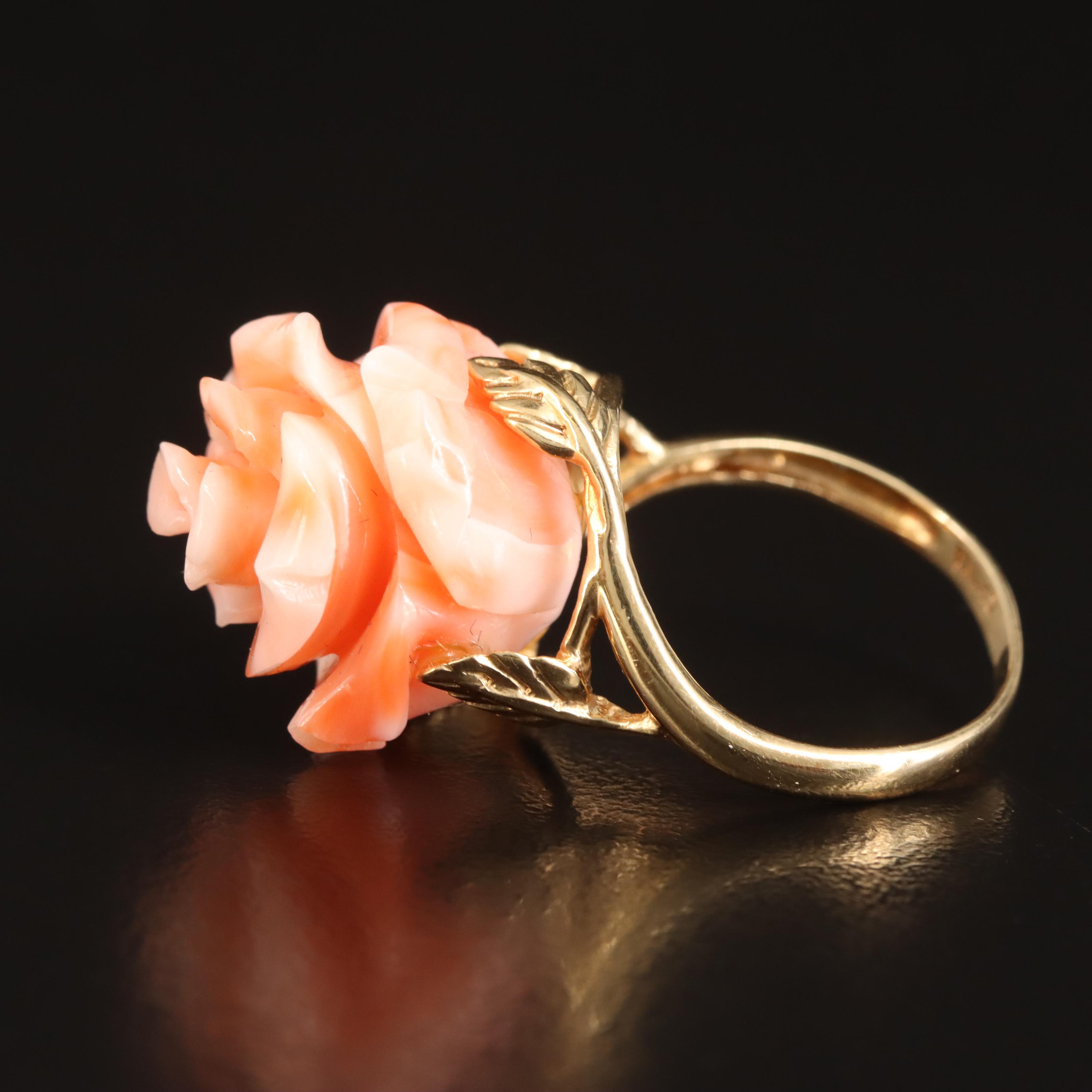 14K Carved Coral Rose Ring