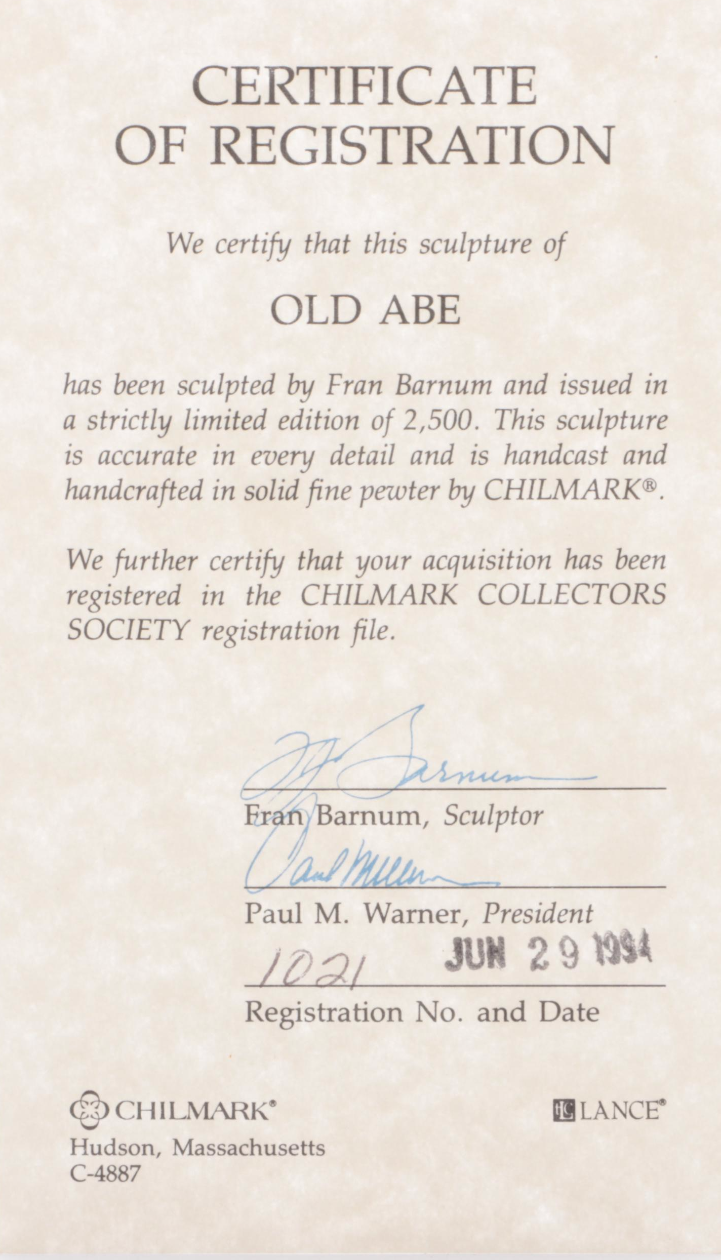 Francis J. Barnum for Chilmark "Old Abe" Pewter Sculpture 1994