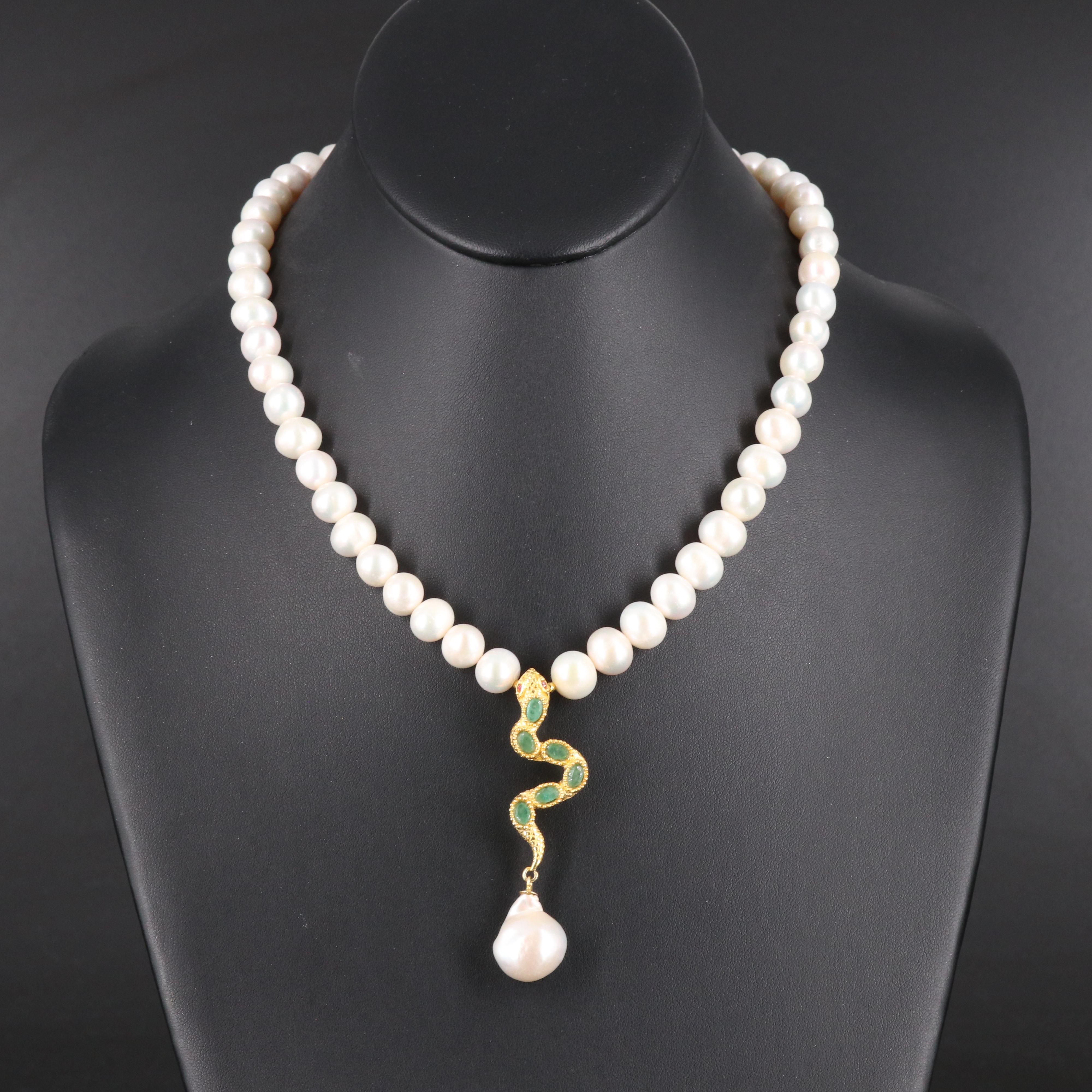 Sterling Pearl, Emerald and Ruby Snake Necklace